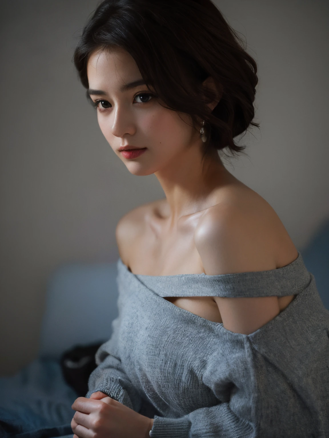 Best quality, masterpiece, ultra high res, (photorealistic:1.4), raw photo, 1girl, offshoulder, in the dark, deep shadow, low key, cold light, detailed skin