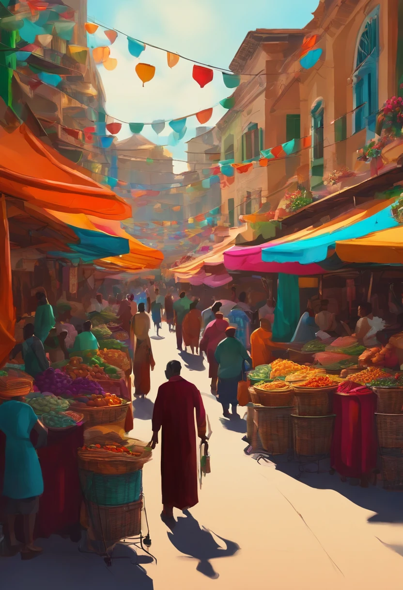 A vibrant and bustling street market filled with colorful stalls and lively people.,original,Tall and slime man