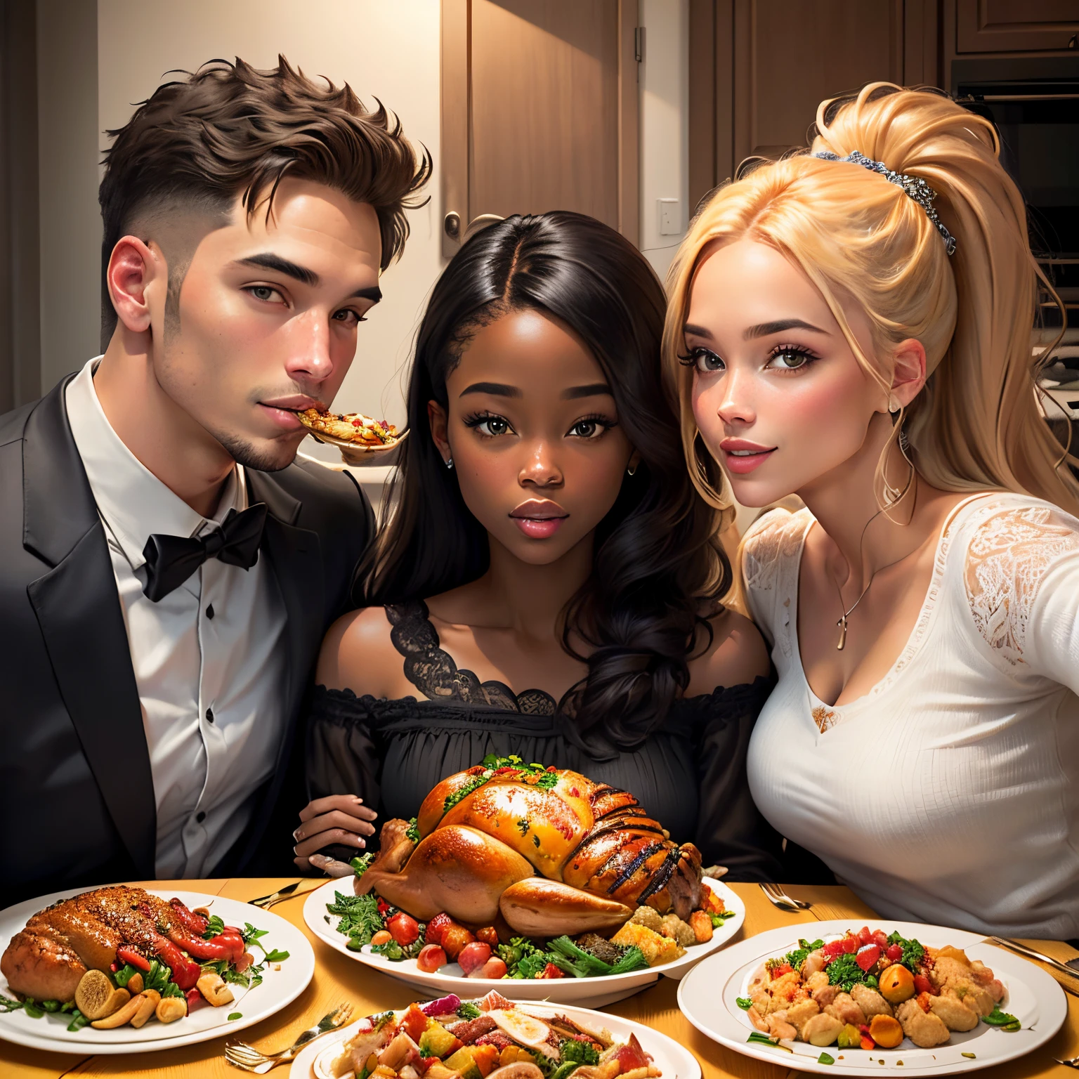 Realistic black family eating thanksgiving dinner