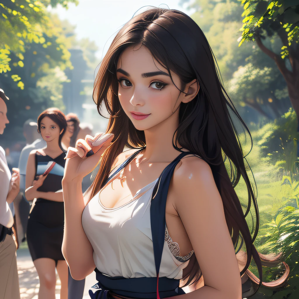 (Extremely detailed 8k wallpaper:2), (photo:2), (25 years old soigne Beautiful girl:2), (gives a lecture to friends:2), detailed (Face and eyes), (hyper realistic:1), (highly detailed:1), (epic realistic:1), rim light, (maximum details:1), cozy, (fullbody:1.3), (looking at viewer:2), (Woman's Attractive Qualities:2), (Attractive Woman:2), (Attractive:2), Smile, Intelligence, Empathy, Gracefulness, Sense of Style, Fitness, Grooming, Optimism, (Sensitivity:2), Sincerity, Romantic Gestures, Playfulness, Fashion Sense, (Sensuality:2), Charm, Modesty, Thoughtfulness, (Femininity:1), Flirtatiousness, Warmth, (Physical attractiveness:2), A beautiful smile, A love of life, strength and power, vulnerability, curiosity, wonder, love, (nature background:2), kawaii, waifu, Beautiful breasts, (attractive body:2), (Beautiful body:2), Beautiful pose, attractive pose, (Beautiful legs:1.0), (Beautiful clothes:1), (classic clothes:2), (elegant clothes:2), (European clothes:2), detailed clothes, (skirt:1), (blouse:1), (provocative pose)