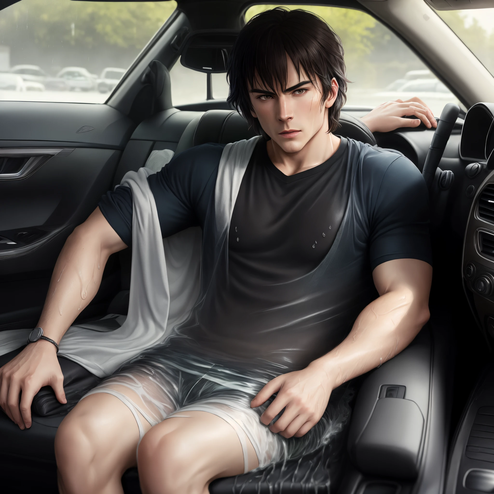 Damon Salvatore sitting in a black car with wet clothes and hair