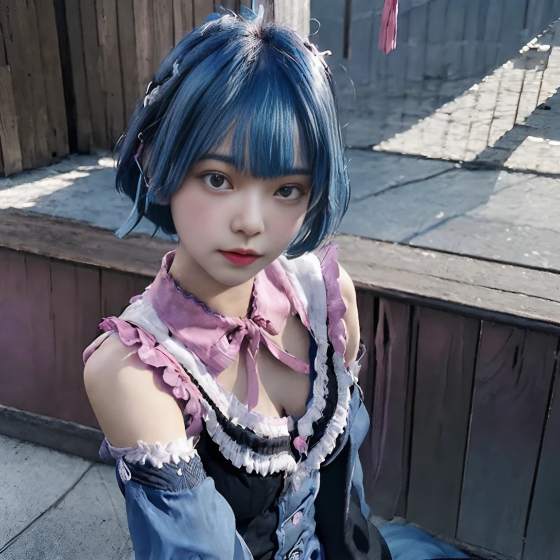 (((Photorealistic))), ((Realistic)),(de pele branca),((Blue hair)), Short hair ,Black Maid Costume,Valley,Pink hair ornament,Pink teak,purple ribbons on ears,Clear eyes,Valley