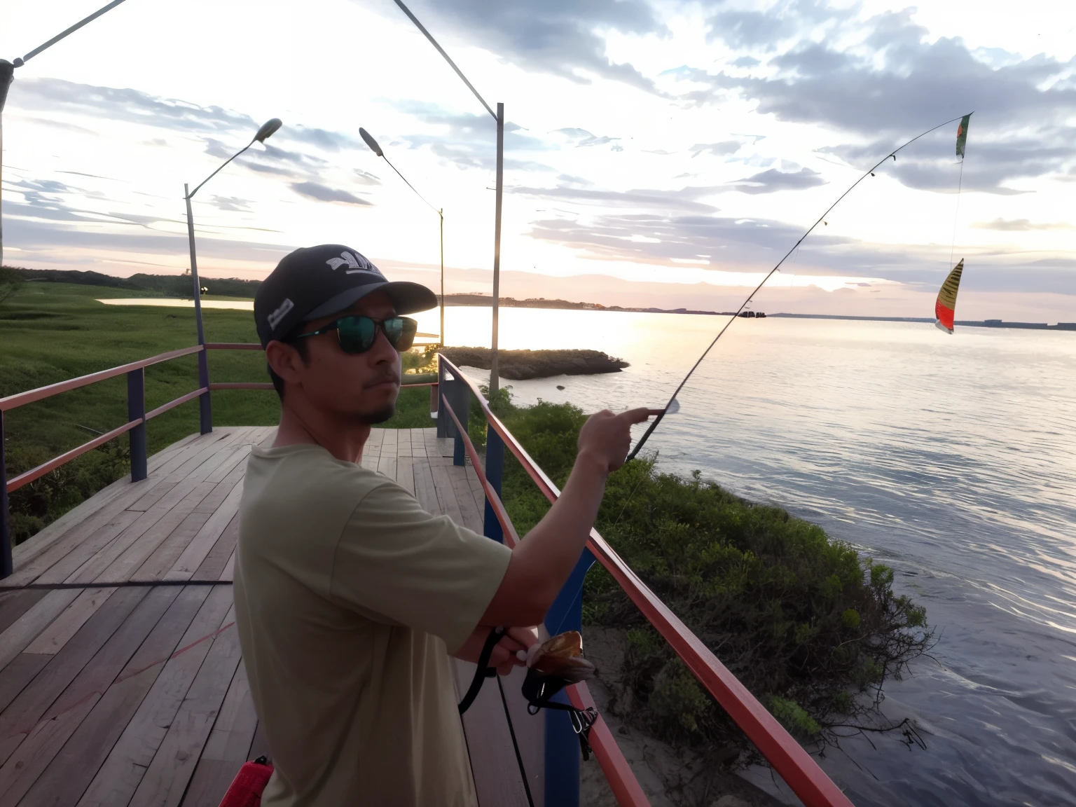 homem araffe em um cais pescando com uma vara e uma peixe pequeno, with sunset, Pesca, in the sunset, Sunset!!!, cerca de 20 yo, caio santos, pessoas pescando na borda, during sunset, pesca de robalo grande, nice afternoon lighting, por Julius como se, Takahashi Macoto, Directed by: Alexander Runciman