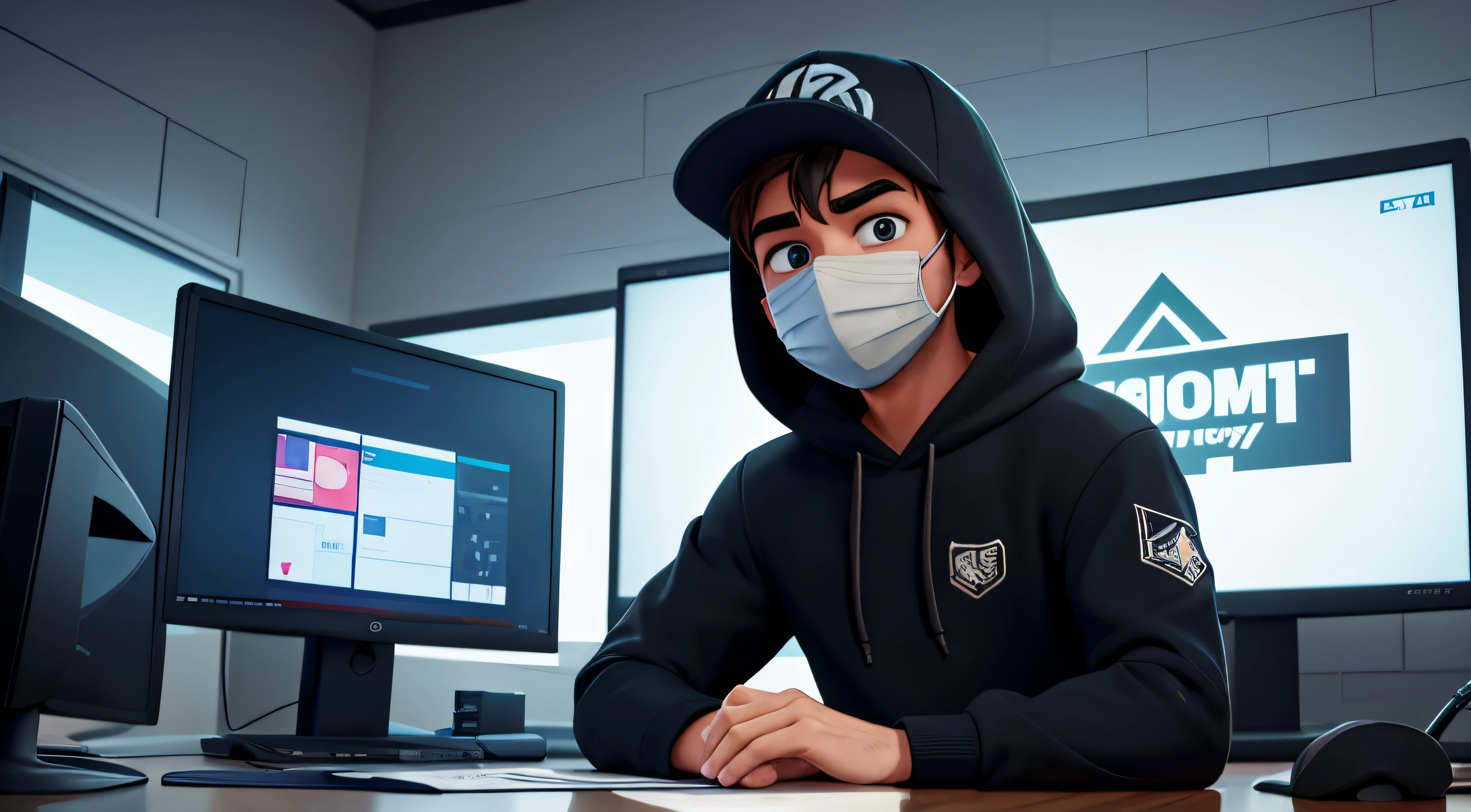 a man sitting at a desk in front of a monitor, trending on cg society, sots art, rtx, 2d game art, rtx on, wearing a hoodie, wearing a cap, wearing a mouth mask, no logo on cap hoodie and mask, all clothing is black , on a computer,