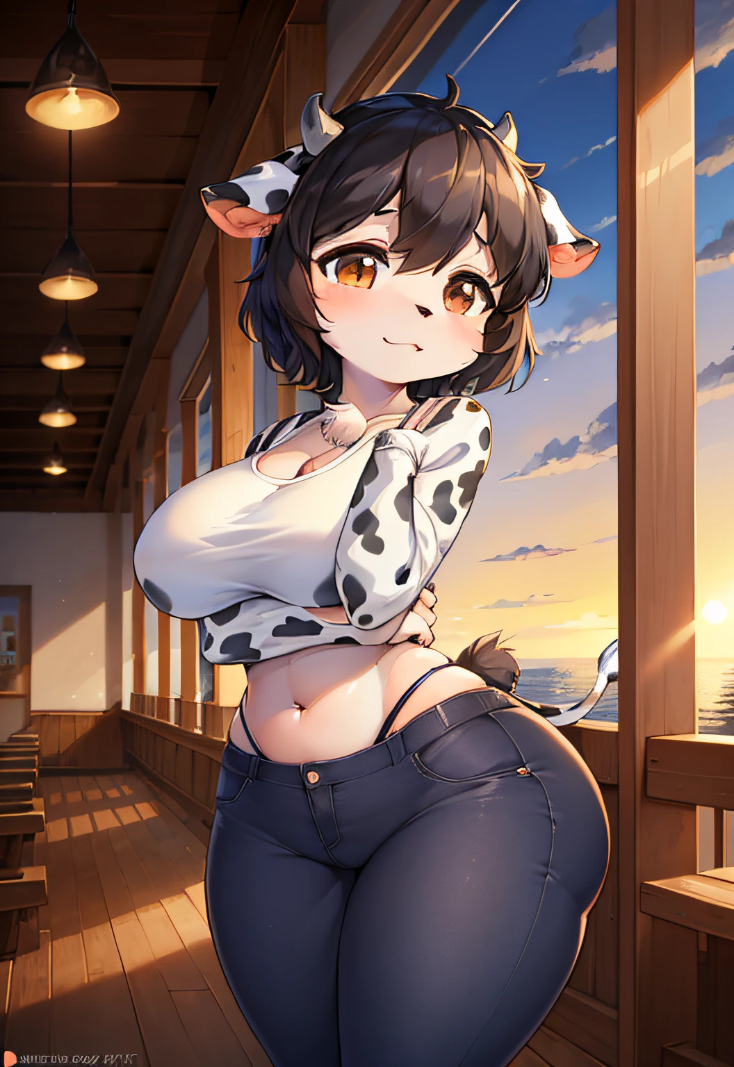 (furry art, uploaded on e621:1.4), (masterpiece:1.3), (best quality:1.2),(2D:1.0), (anime:1.0), (illustration:1.0), (sharp:1.2), (sunset_environment), (barn hous), (restaurant), (clear, shiny:0.8), (impasto:1.1), (ultra-detailed:1.0) (1girl, solo), (cow_girl, anthro furry:1.6), (anthro_female_cow:1.3), (:1.4), short black hair, sexy, (slim waist), thick thighs, wide hips, large breasts, (panty_lining), sports bra, jeans, ((ass focus, standing))