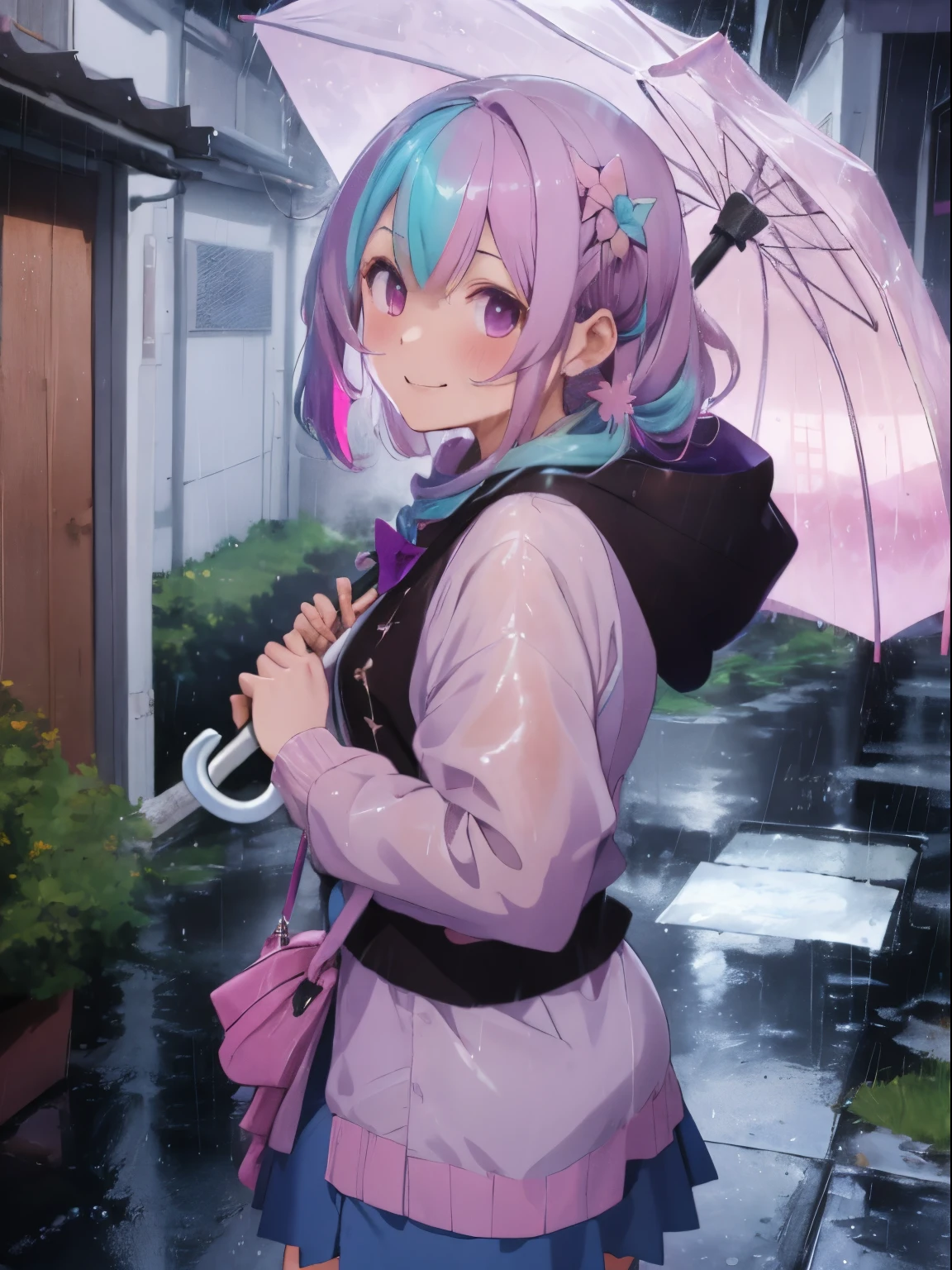 rain is falling,A girl with an umbrella is looking back at me,fluffy hair,Mixed light brown and light blue hair,inner colored,Colorful poncho,kappa,Luxurious voluminous skirt,Skirt length is knee-length,Light purple,pink there,light-yellow.lightgreen,blanche,The rain reflects the rainbow-colored light and sparkles.,Slight red tide,Smile on his face,holding a umbrella,