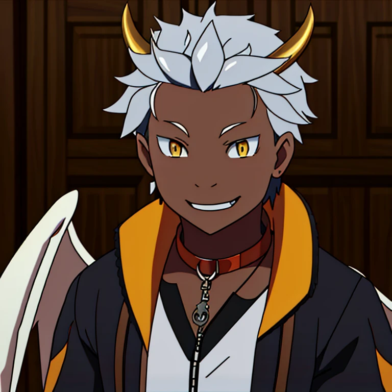 (best quality,3d,ultra-detailed), boy, SubaruNatsuki, white hair, long hair, yellow eyes, demon horns, large dragon wings, wearing a dog collar around his neck, smiling, embarrassed, scars, dark skin, dark skin