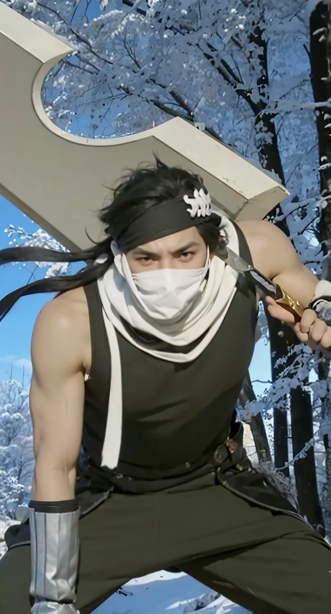 Real life adaption of this character ,1 man, villain expression,realistic same spiky hair , realistic same headband, holding realistic same big sword, the is long cloth covered his mouth and neck,(realistic same outfit), realistic background , realistic light, realistic shadow, realism, hyper realistic,(photorealistic:1.2), normal small eyes,