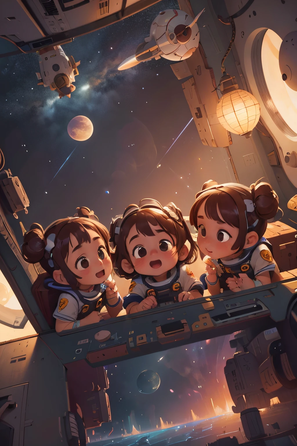 High Detail, Ultra Detail, 8K, Ultra High Resolution there is four cute and innocent girls, enjoying her time in the space station, adding to the playful atmosphere,(masterpiece), best quality, expressive eyes, perfect face