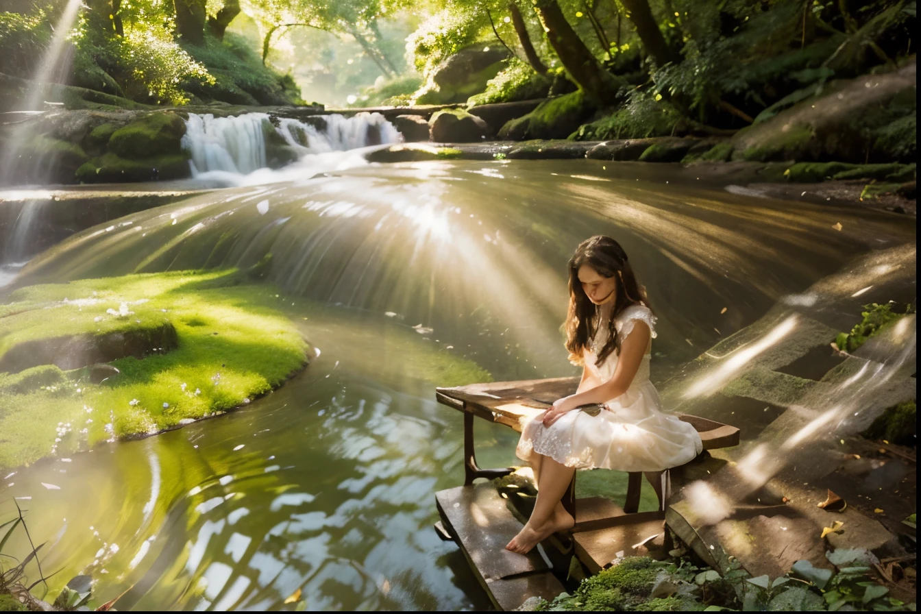 (best quality,4k,8k,highres,masterpiece:1.2),ultra-detailed,(realistic,photorealistic,photo-realistic:1.37),illustration,beautiful girl sitting in the enchanted forest,greenery,fairy-tale atmosphere,soft sunlight filtering through the trees,serene facial expression,long flowing hair,expressive eyes sparkling with curiosity,detailing the girl's delicate features,pure and natural beauty,her lips slightly curved into a gentle smile,dressed in an ethereal white dress,embellished with delicate floral embroidery,the dress flowing gracefully around her,body language radiating tranquility and serenity,butterflies fluttering around her like colorful confetti,small forest creatures peeking out from behind the trees,tiny specks of sunlight dancing on the forest floor,adding a touch of magic to the scene,vibrant colors blending seamlessly with the lush greenery,creating a harmonious and enchanting ambiance,subtle mist enveloping the forest,adding an air of mystery,a distant waterfall cascading down moss-covered rocks,filling the air with its soothing sound,the girl's gaze fixed on a mysterious object in her hands,illuminated by a soft golden glow,enhancing the sense of wonder,full of anticipation for the adventures that lie ahead.