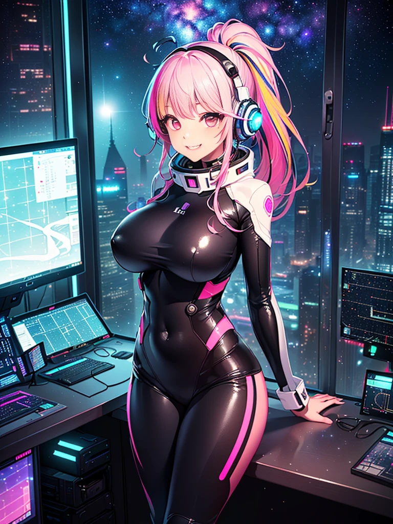 masterpiece:1.4, 1girl in ((20yr old, Dressed in a tight futuristic bodysuit in black and silver, long boots, huge-breasted, Multicolored pink hair, twin ponytail, Perfect model body, Pink eyes:1.4, Wearing headphones, Flirting, Happy, Big smile, Looking out the window of the futuristic sci-fi space station、While admiring the beautiful galaxy:1.2, SFSF control room on night background:1.1, Neon and energetic atmosphere:1.2)) ((Galaxy)) ((Solo:1.6))