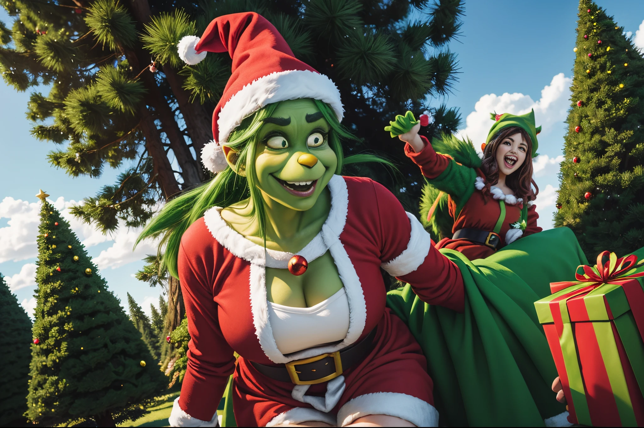 Grinch stole Christmas, Whimsical illustration of a green meanie character stealing presents under the Christmas tree, dressed like Santa Klaus, humorous illustration, hyperrealistic, big depth of field, happy palette of colours, 3d octane render, highly detailed.