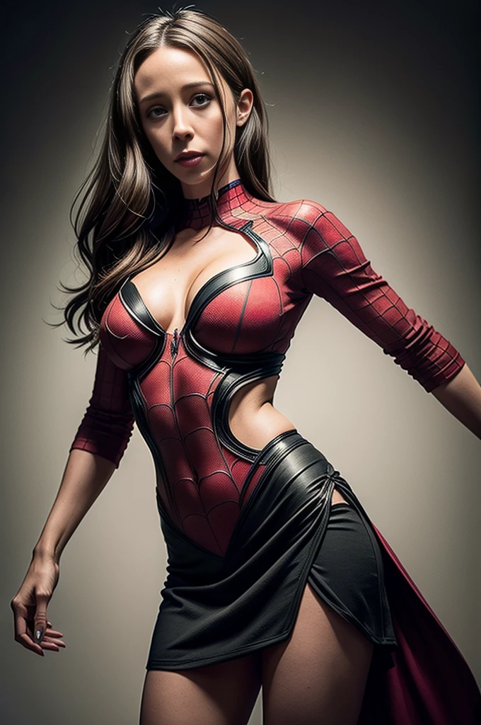 Jennifer Love Hewitt、Sticking out the navel、newyork、She wears a torn Spider-Man suit,wearing skirt、 Red and black color scheme,Dynamic、​masterpiece、top-quality、ultra-detailliert、ighly detailed、beautiful detailed brilliance、超A high resolution