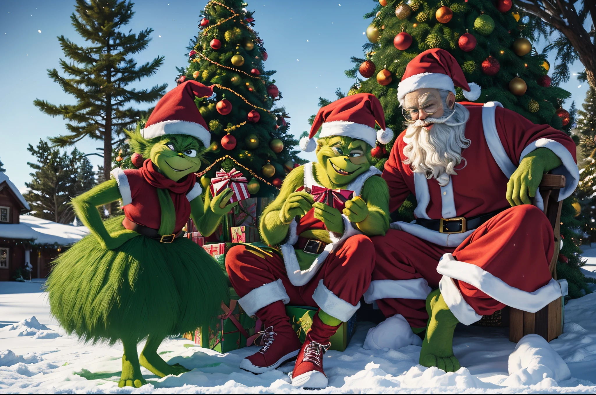 Grinch stole Christmas, Whimsical illustration of a green meanie character stealing presents under the Christmas tree, dressed like Santa Klaus, humorous illustration, hyperrealistic, big depth of field, happy palette of colours, 3d octane render, highly detailed.