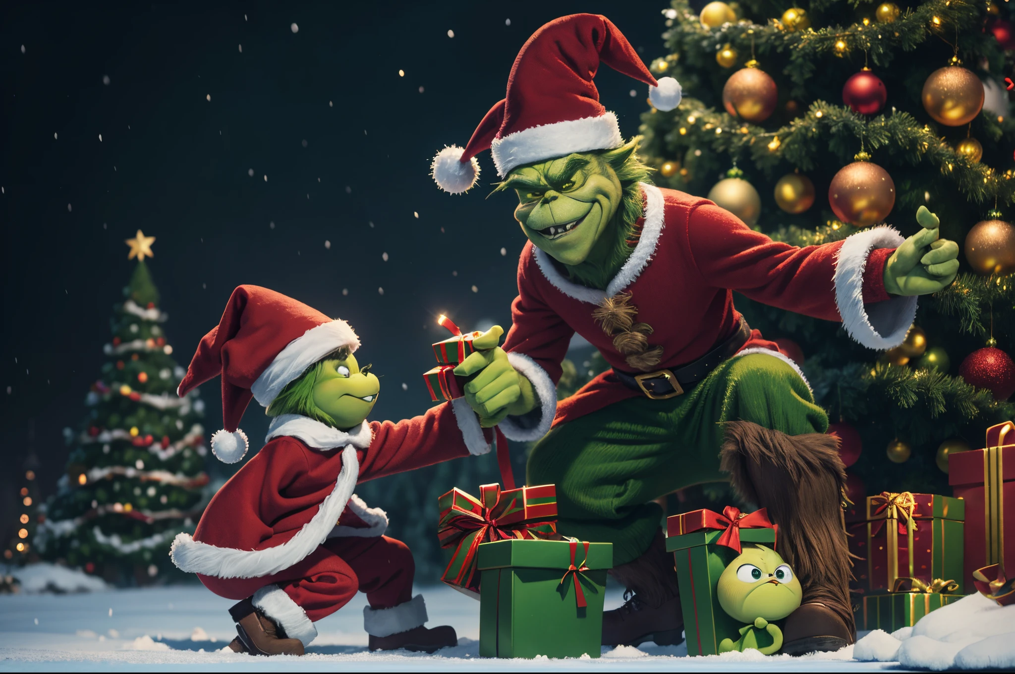 Grinch stole Christmas, Whimsical illustration of a green meanie character stealing presents under the Christmas tree, dressed like Santa Klaus, humorous illustration, hyperrealistic, big depth of field, happy palette of colours, 3d octane render, highly detailed.