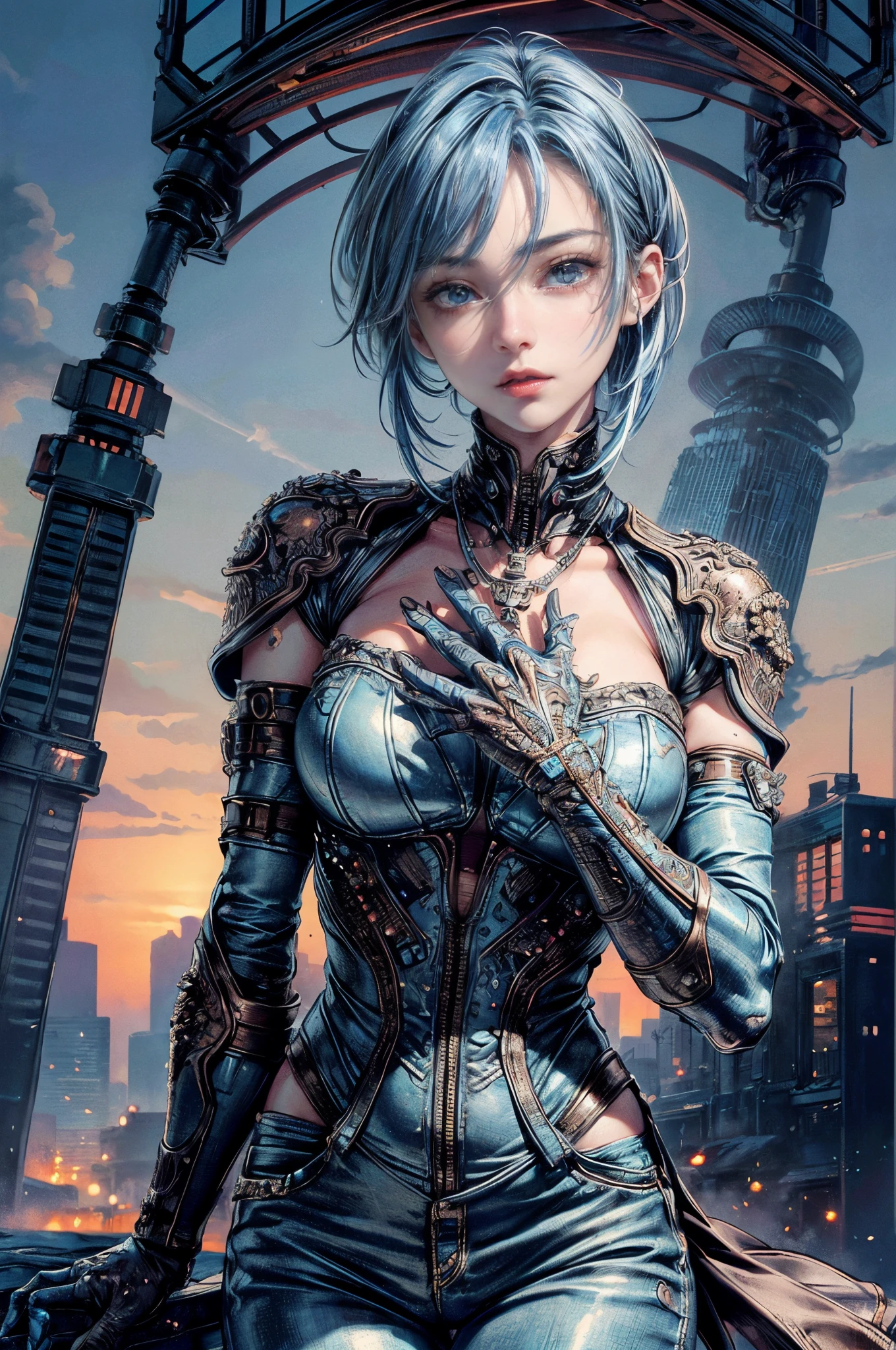 16 Km.Top image quality、Cinematic lighting,super detailed skin、Beautiful detailed eyes、Best Quality,cyberpunked,(Perfect Anatomy:1.3),(1beautiful woman、Detailed beautiful facial features、Sky Blue Medium Hair:1.5)well-shaped breasts、Ripped clothes（Mechanical arm:1.5）（2023 leather jacket）、denim pant（exposed skin around the neck:2.0）a necklace(Highly detailed hands:1.5)natta、Japan of the near future、Office district lined with skyscrapers