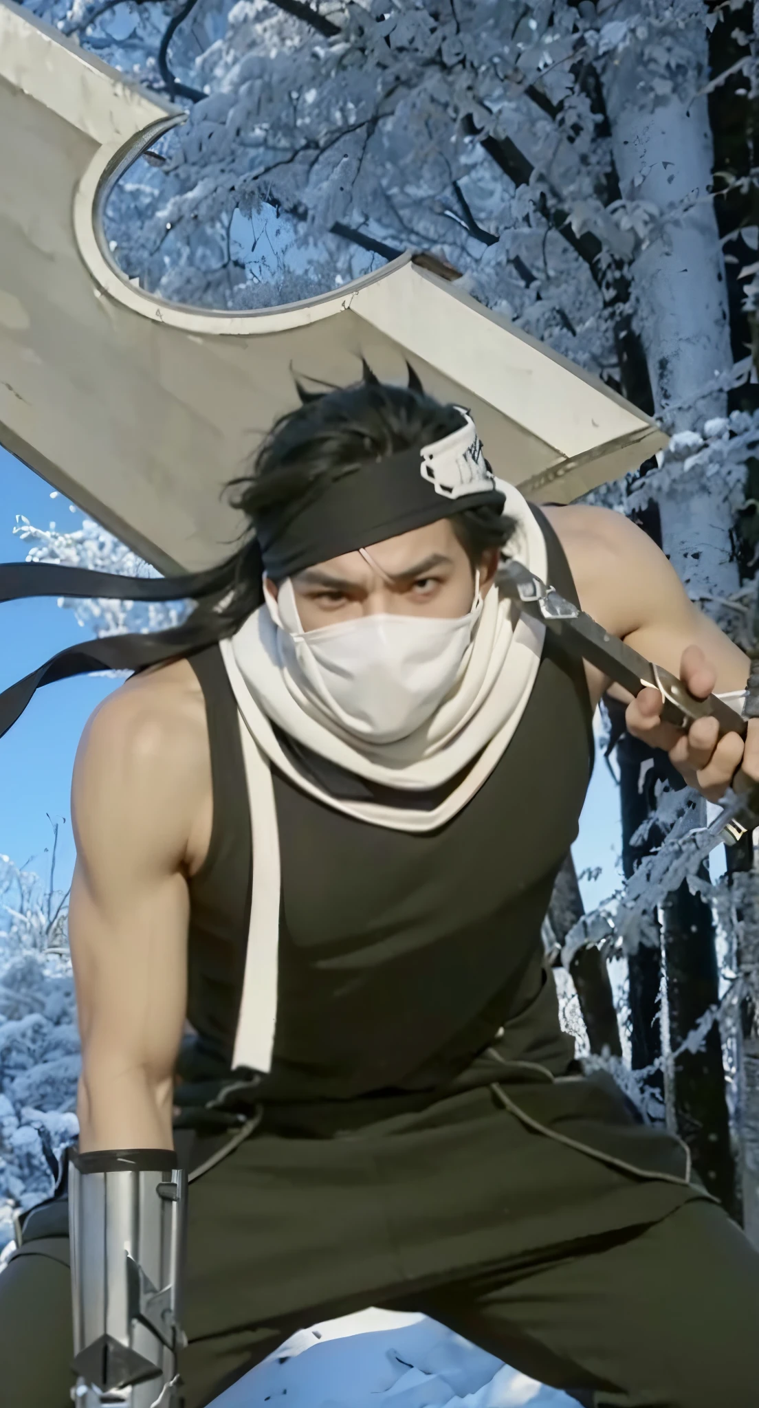 Real life adaption of this character ,1 man, villain expression,realistic same spiky hair , realistic same ninja headband, holding realistic same big sword, the is long cloth covered his mouth and neck,(realistic same outfit), realistic background , realistic light, realistic shadow, realism, hyper realistic,(photorealistic:1.2), normal small eyes,
