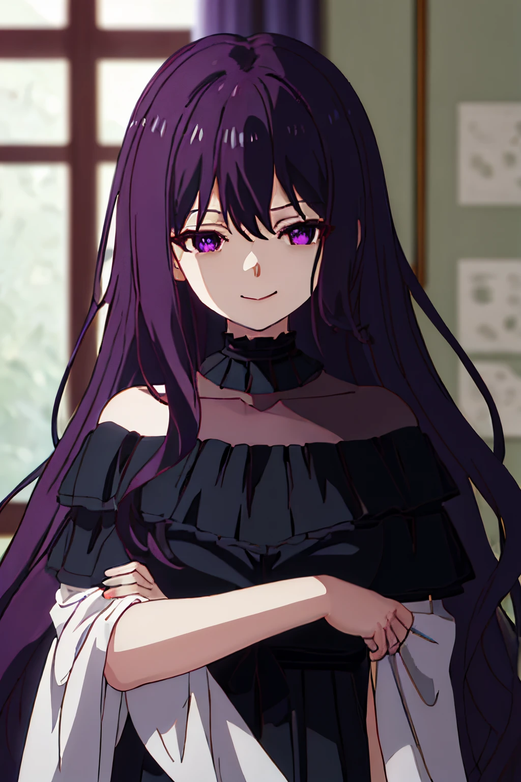 best quality, masterpiece, highres, solo, {tilty_claret_tenseioujototensaireijounomahoukakumei:1.15}, long_hair, bangs, purple_hair, purple_eyes, black_hair, blurry, black_dress, blurry_background, dress, hair_between_eyes, looking_at_viewer, 1girl, indoors, smile, collarbone, off-shoulder_dress, closed_mouth, depth_of_field, upper_body, anime_coloring, bare_shoulders, off_shoulder, window