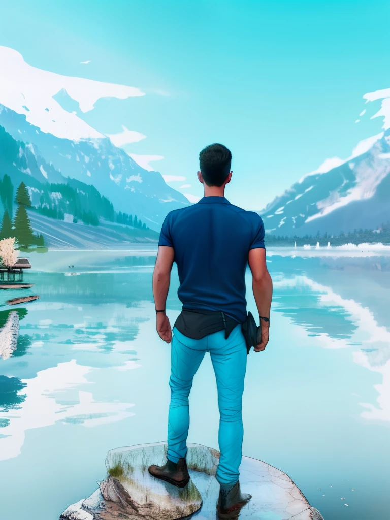 there is a man standing on a rock looking out at a lake, standing in a lake, pexels contest winner, standing next to water, in the middle of a lake, standing on the water ground, standing in front of a mountain, gazing at the water, trending on pexels, on a boat on a lake, looking at the mountains