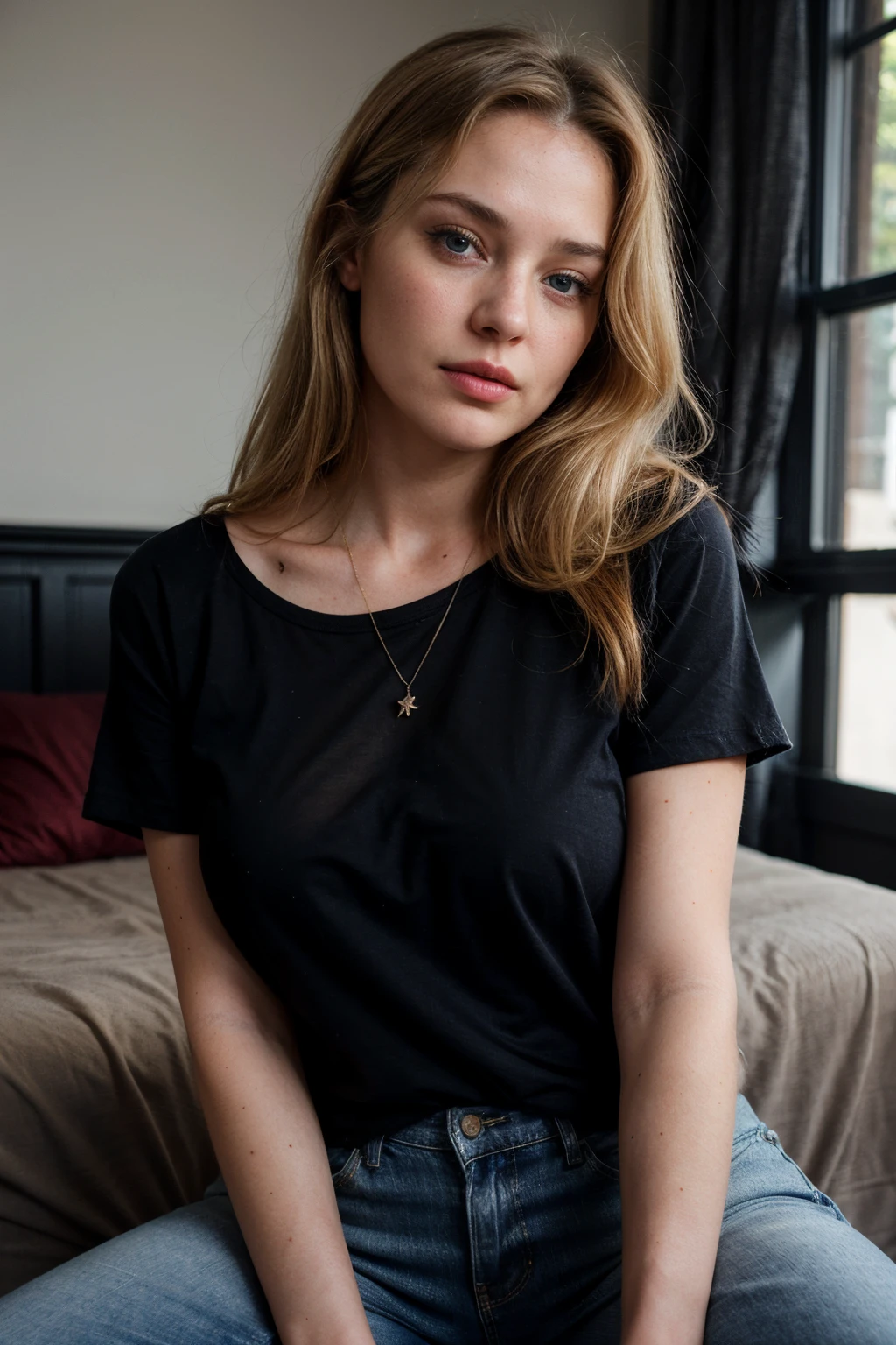 photo of beautiful 24 y.o Kate Mildrew, medium length blonde hair, blue eyes, detailed eyes, pale skin, looking confident, casual, indoor, with an air of superiority, black t-shirt, jeans, cleavage