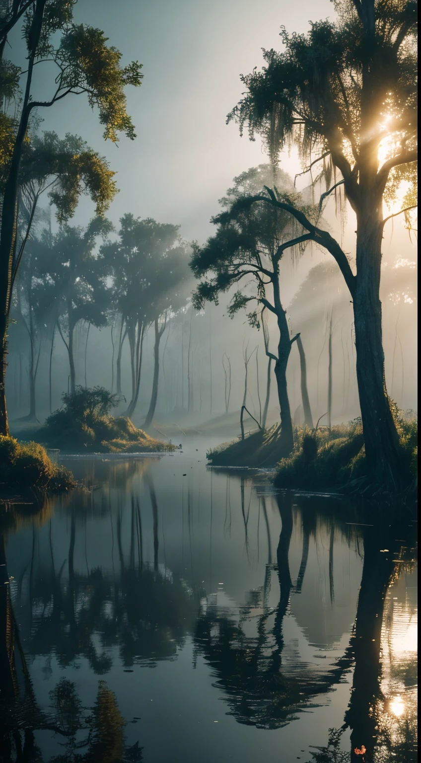 A murky swamp with twisted trees rising from the water, Hue, window light, spotlight masterpiece, realistic, award winning, volumetric light and fog, subsurface scattering, caustics, bloom, perfect exposure, perfect composition, rule of thirds, 8k, hdr10, cinematic, breathtaking, ray tracing