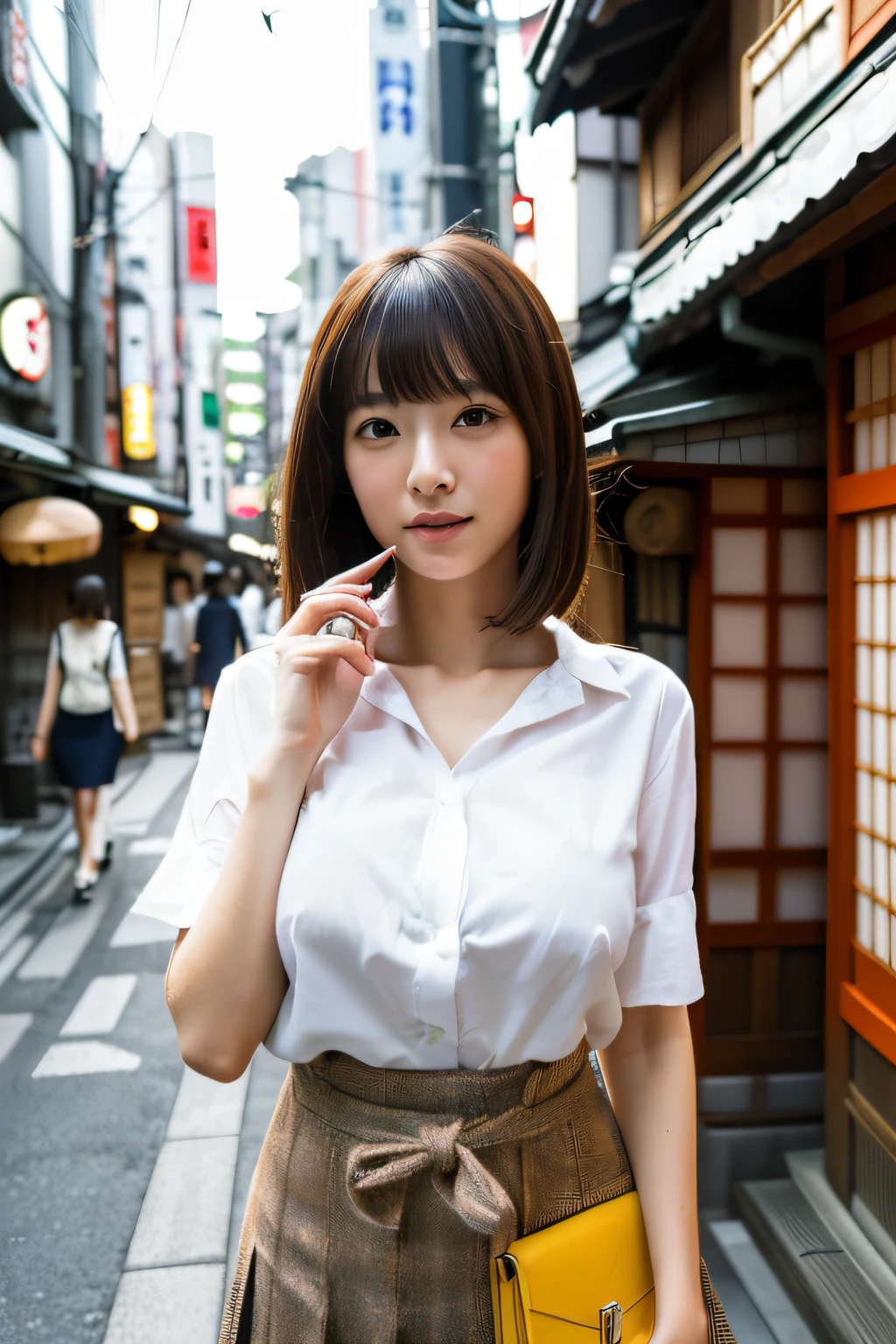 (masterpiece、high-level image quality、hightquality)、(Beautiful realistic Japan woman:1.5、Cool and cute:1.5)、Colossal tits、The shirt、skirt by the、Ginza love story、Sunday in Tokyo、A whirlwind from city to city、