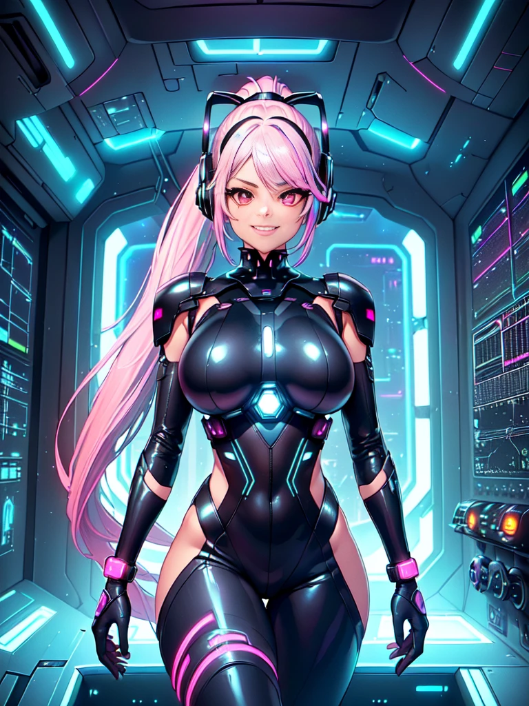 ​masterpiece:1.4, 1girl in ((20yr old, Dressed in a tight futuristic bodysuit in black and silver, long boots, huge-breasted, Multicolored pink hair, twin ponytail, Perfect model body, Pink eyes:1.4, Wearing headphones, Flirting, Happy, Big smile, Looking out the window of the futuristic sci-fi space station、While admiring the beautiful galaxy:1.2, SFSF control room on night background:1.1, Neon and energetic atmosphere:1.2)) ((Galaxy)) ((Solo:1.6))