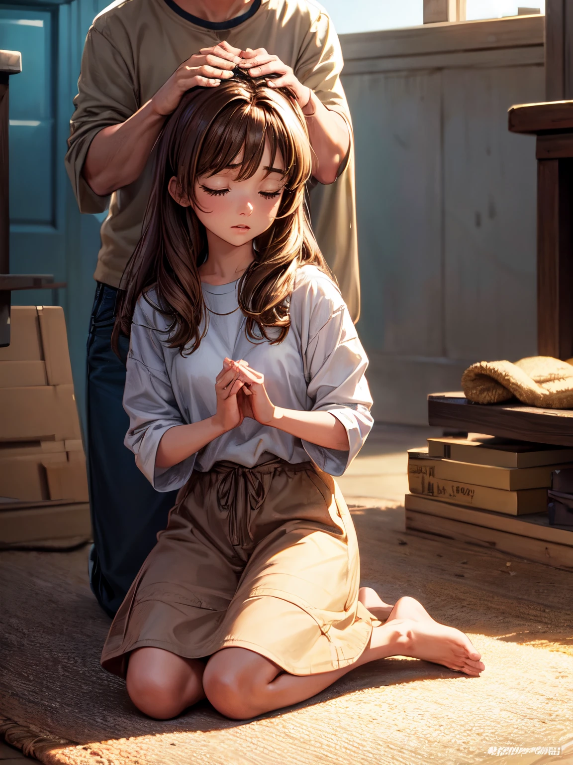 Create a Pixar Cartoon of a girl with light brown hair kneeling praying and Jesus placing his hands on her shoulders.