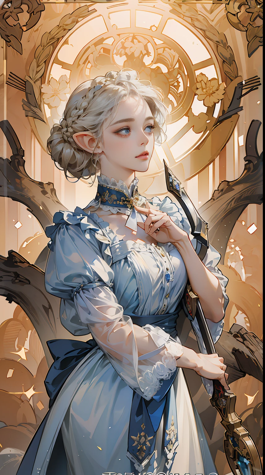 (best quality,highres), 1elf woman, detailed face, deep blue eyes, graceful and serene expression, medium hair, (asymmetrical bangs:1.2), (Braid Bun), short hair, white blonde hair, delicate elf features, Victorian maid in armor made of shimmering silver metal, holding a gleaming sword adorned with intricate engravings, standing tall and confident in the battlefield, surrounded by chaos and destruction, sunlight filtering through the shattered trees, casting a warm golden glow on her, determined and resolute, her heart radiating with compassion and empathy even in the face of conflict, a symbol of hope and strength, a beacon of peace in the midst of war, her presence bringing harmony and tranquility to the chaotic world. By Yusuke Murata, by Alphonse mucha.