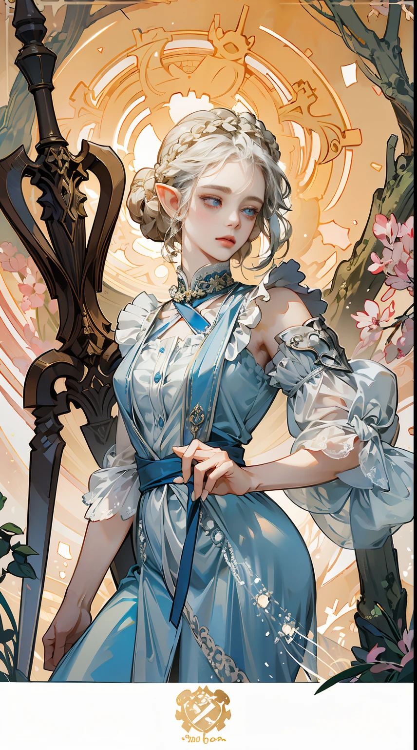 (best quality,highres), 1elf woman, detailed face, deep blue eyes, graceful and serene expression, medium hair, (asymmetrical bangs:1.2), (Braid Bun), short hair, white blonde hair, delicate elf features, Victorian maid in armor made of shimmering silver metal, holding a gleaming sword adorned with intricate engravings, standing tall and confident in the battlefield, surrounded by chaos and destruction, sunlight filtering through the shattered trees, casting a warm golden glow on her, determined and resolute, her heart radiating with compassion and empathy even in the face of conflict, a symbol of hope and strength, a beacon of peace in the midst of war, her presence bringing harmony and tranquility to the chaotic world. By Yusuke Murata, by Alphonse mucha.