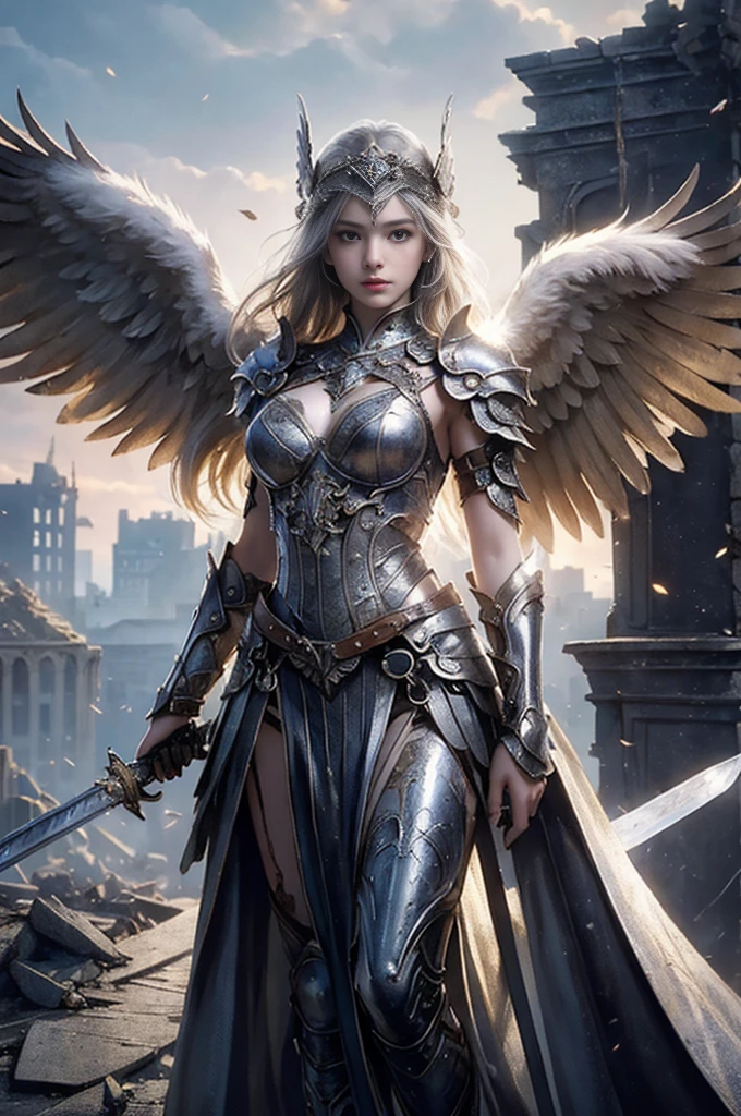 masterpiece, ((1girls, Standing on a crumbling building, close up shot, Realistic)), Realistic visuals, Artistic customization, Attractive beauty, Amazing contrast, 8k wallpapers, absurdity, unbelievably ridiculous, valkyrie, beautiful armor, wings, (Holding a silver sword.)), I was in the air., ((bestquality: 1.5))
