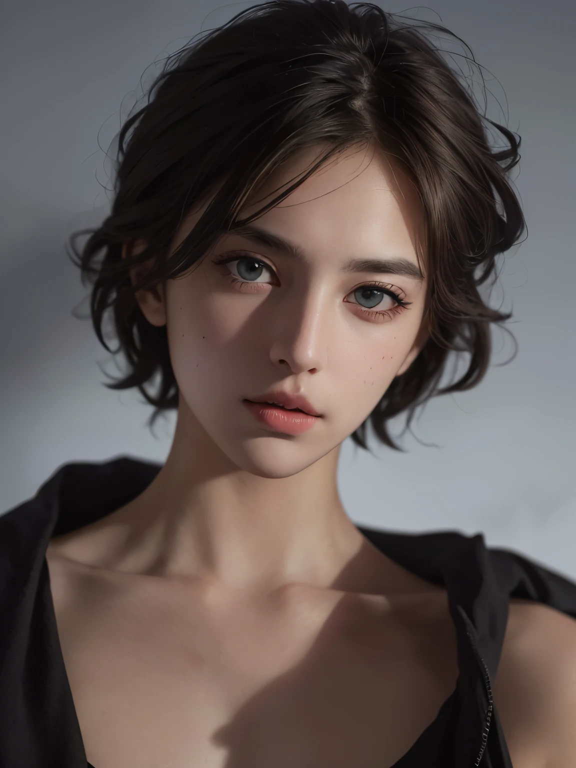 Best quality, masterpiece, ultra high res, (photorealistic:1.5), raw photo, 1girl, offshoulder, in the dark, deep shadow, low key, cold light, sexy look, short hair