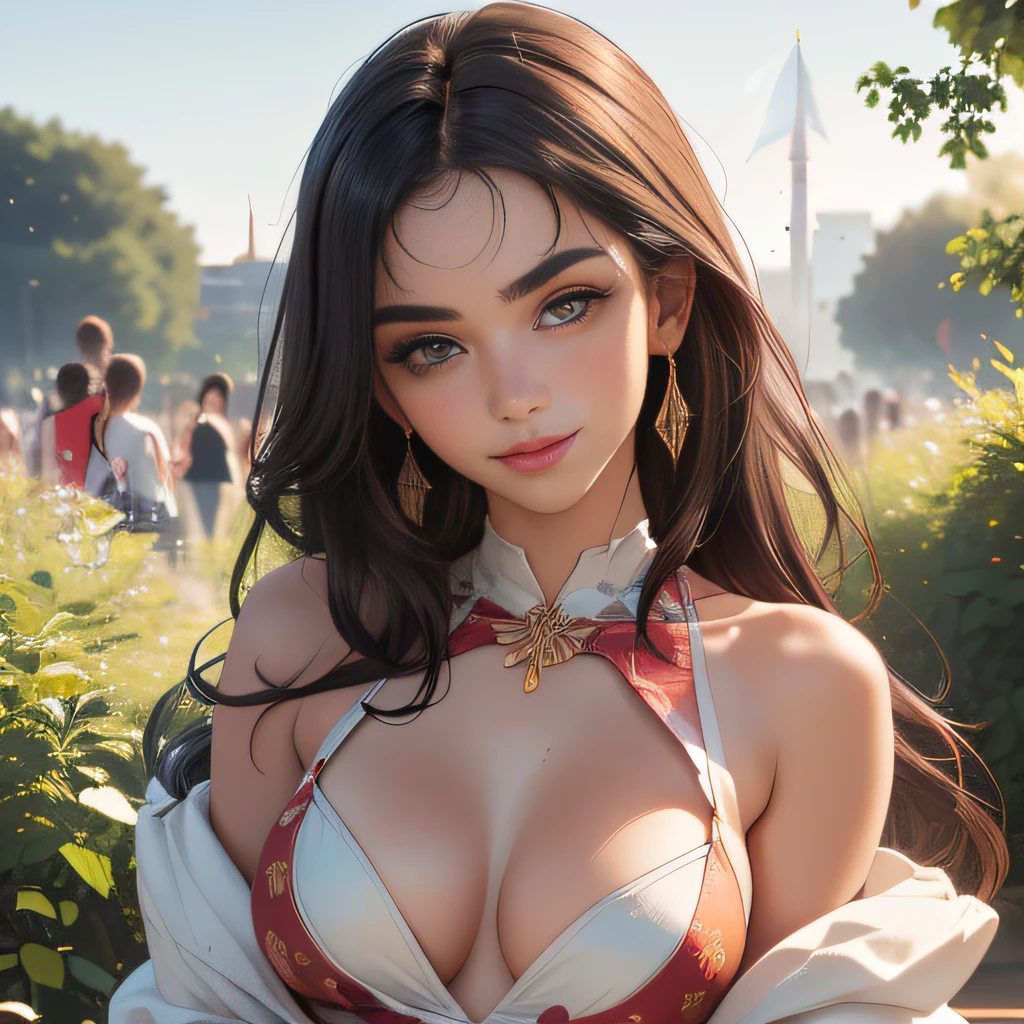 (Extremely detailed 8k wallpaper:2), (photo:2), (soigne Beautiful girl:2), (gives a lecture to friends:2), detailed (Face and eyes), (hyper realistic:1), (highly detailed:1), (epic realistic:1), rim light, (maximum details:1), cozy, (fullbody:1.3), (looking at viewer:2.0), (Woman's Attractive Qualities:2), (Attractive Woman:2), (Attractive:2), Smile, Intelligence, Empathy, Gracefulness, Sense of Style, Fitness, Grooming, Optimism, (Sensitivity:2), Sincerity, Romantic Gestures, Playfulness, Fashion Sense, (Sensuality:2), Charm, Modesty, Thoughtfulness, (Femininity:1), Flirtatiousness, Warmth, (Physical attractiveness:2), A beautiful smile, A love of life, strength and power, vulnerability, curiosity, wonder, love, (nature background:2), kawaii, waifu, Beautiful breasts, (attractive body:2), (Beautiful body:2), Beautiful pose, attractive pose, (Beautiful legs:1.0), (spread legs:1.0), (Beautiful clothes:1), (classic clothes:2), (elegant clothes:2), (European clothes:2), detailed clothes, (skirt:1), (blouse:1), (provocative pose)