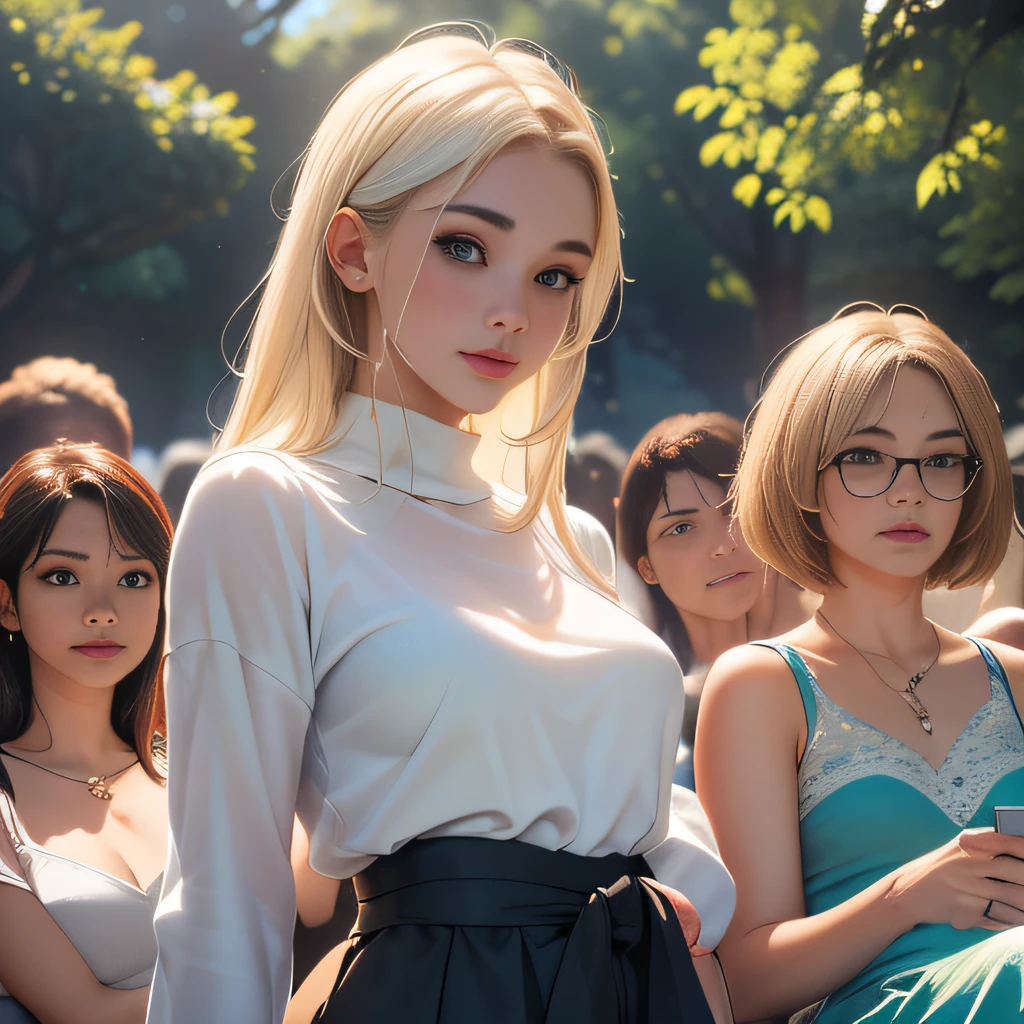 (Extremely detailed 8k wallpaper:2), (photo:2), (soigne Beautiful girl:2), (gives a lecture to friends:2), detailed (Face and eyes), (hyper realistic:1), (highly detailed:1), (epic realistic:1), rim light, (maximum details:1), cozy, (fullbody:1.3), (looking at viewer:2.0), (Woman's Attractive Qualities:2), (Attractive Woman:2), (Attractive:2), Smile, Intelligence, Empathy, Gracefulness, Sense of Style, Fitness, Grooming, Optimism, (Sensitivity:2), Sincerity, Romantic Gestures, Playfulness, Fashion Sense, (Sensuality:2), Charm, Modesty, Thoughtfulness, (Femininity:1), Flirtatiousness, Warmth, (Physical attractiveness:2), A beautiful smile, A love of life, strength and power, vulnerability, curiosity, wonder, love, (nature background:2), kawaii, waifu, Beautiful breasts, (attractive body:2), (Beautiful body:2), Beautiful pose, attractive pose, (Beautiful legs:1.0), (spread legs:1.0), (Beautiful clothes:1), (classic clothes:2), (elegant clothes:2), (European clothes:2), detailed clothes, (skirt:1), (blouse:1), (provocative pose)