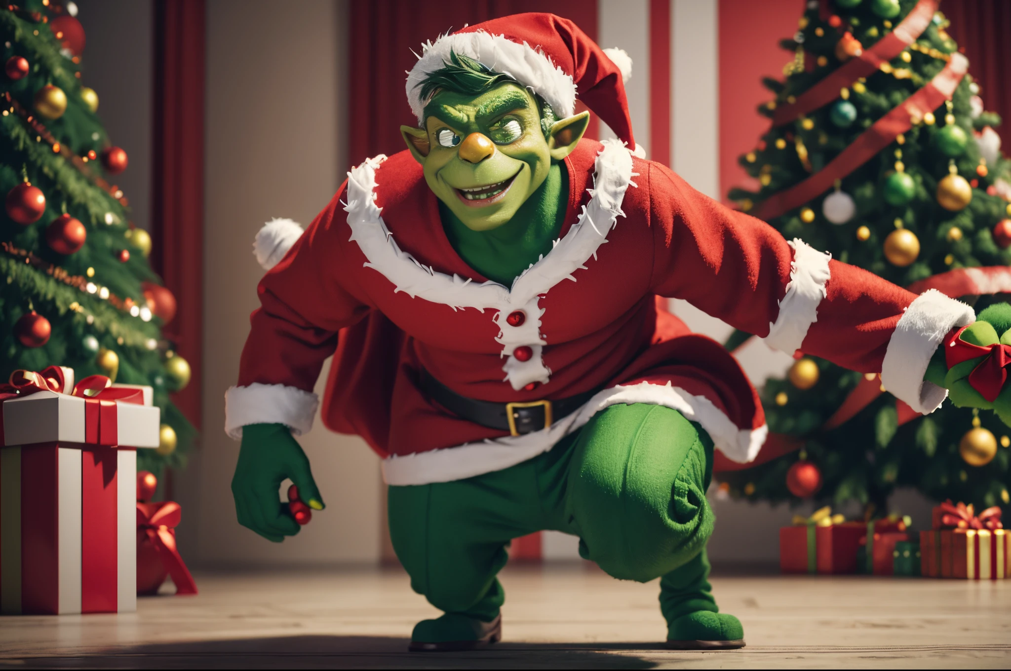 Whimsical illustration of a green Grinch,meanie character stealing presents under the Christmas tree, dressed in Christmas outfit in red and white humorous illustration, hyperrealistic, big depth of field, happy palette of colours, 3d octane render, highly detailed.