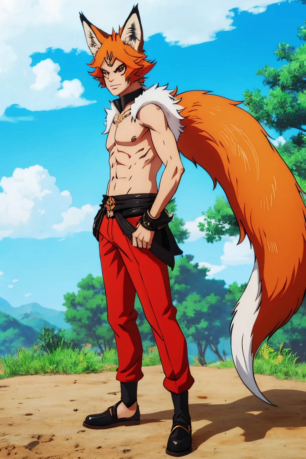 make a man with fox ears and tail dressed art made in anime style