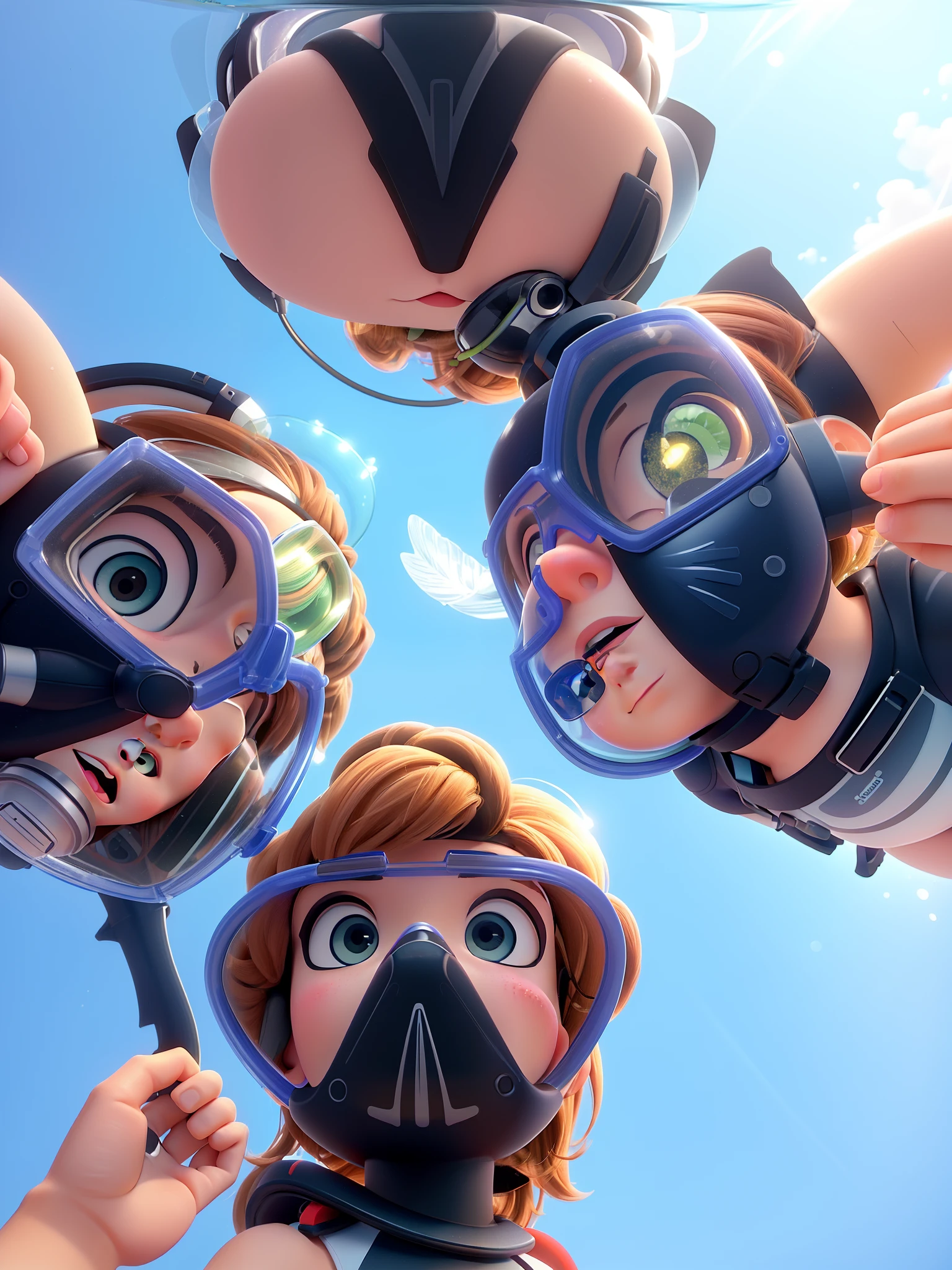 three people wearing scuba gear and snorgles looking up at the camera, underwater looking up, looking up at the camera, bottom angle, pov photo, looking up at camera, shot from below, go pro, bottom - view, shot on gopro9, gopro photo, gopro shot, taken on go pro hero8, seen from below, view from the bottom