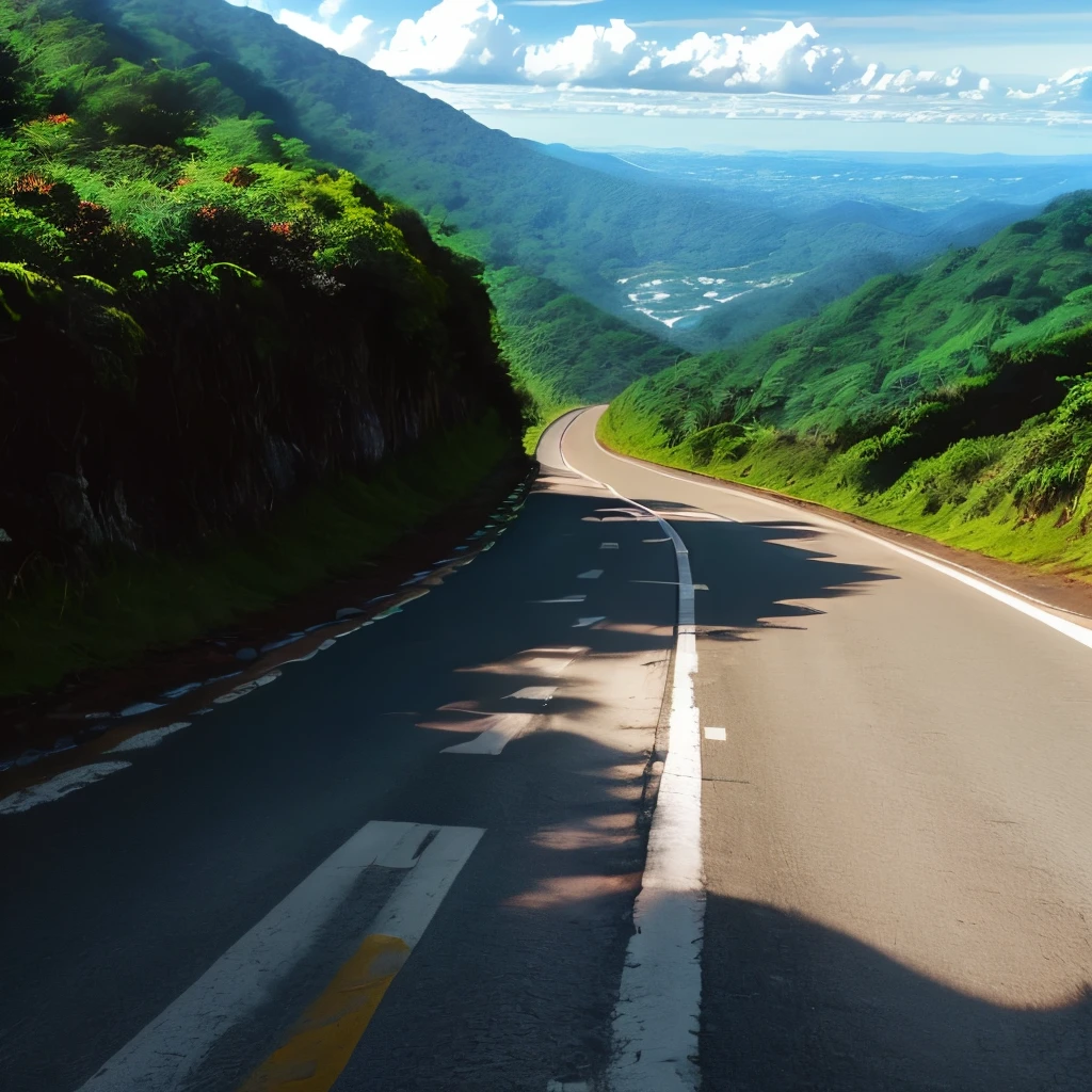Person at the foot of a hill with Atlantic forest, a narrow road running from the foot of the mountain to the top.