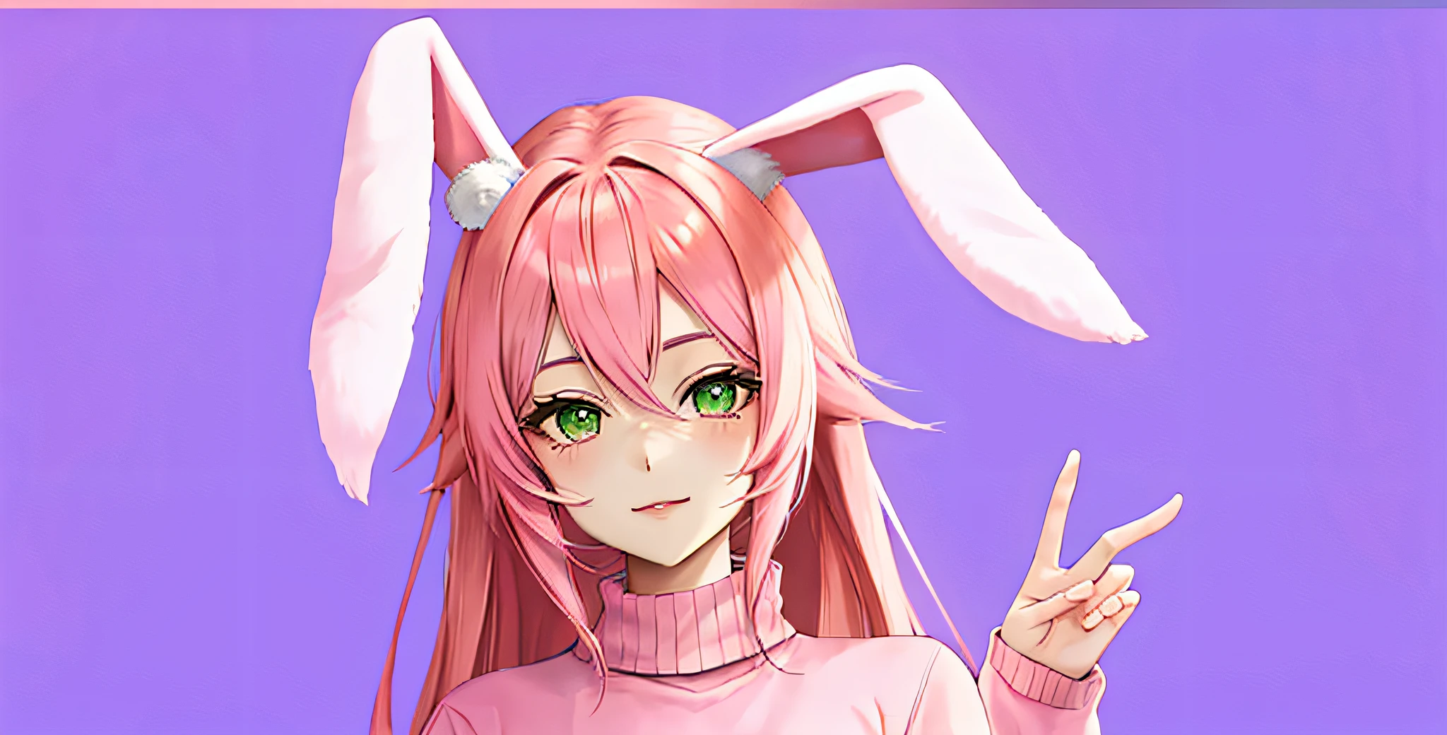 anime girl with pink hair and green eyes and a pink sweater, with bunny ears, rabbit ears, in an anime style, bunny girl