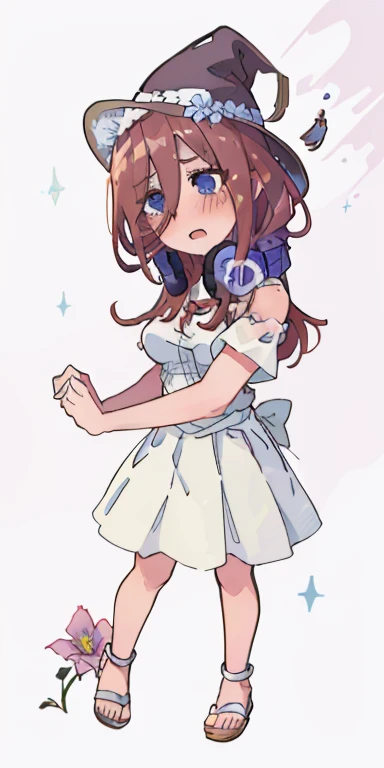 Miku Nakano, shy, blushing, cute, 4k, high quality, highly detailed, miku Nakano, flowing white slong skirt, white top with volant short sleeves, cute hat, flowers as a hairtie, sandals. Perfect face, highly detailed, perfect anatomy