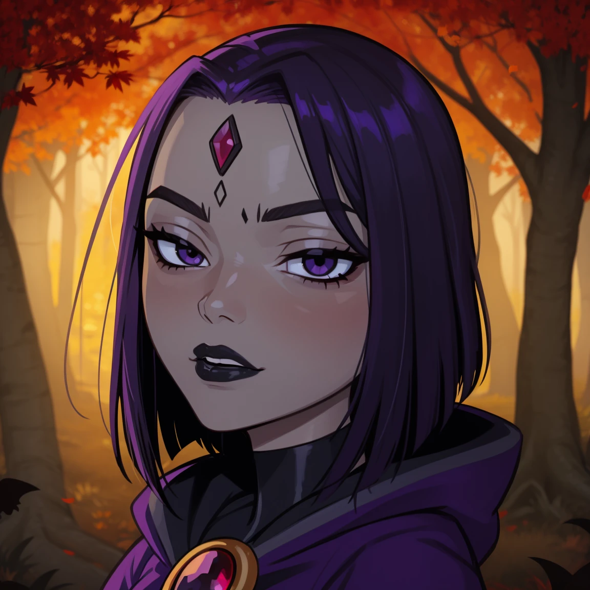 Raven, **** titans, hooded, goth girl, autumn forest background, detailed, detailed, detailed, beautiful, detail, goth girl, masterpiece, purple clothes, red jewel centre head, dark night background, gothic, goth, goth, detailed, goth girl, piercings, detailed face, looking viewer, raven, (Dark eye shadow) dark eye shadow, black eye shadow,