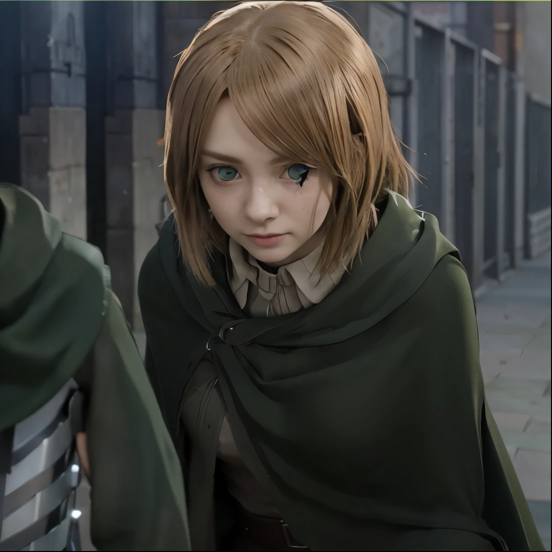 anime, a woman with brown hair and a green cape is standing in front of a man, from attack on titan, in attack on titan, (attack on titans anime), in the anime film, female anime character, today's featured anime still, screenshot from a 2012s anime, female protagonist 👀 :8, screenshot from the anime film, eyes look down, change to realistic
