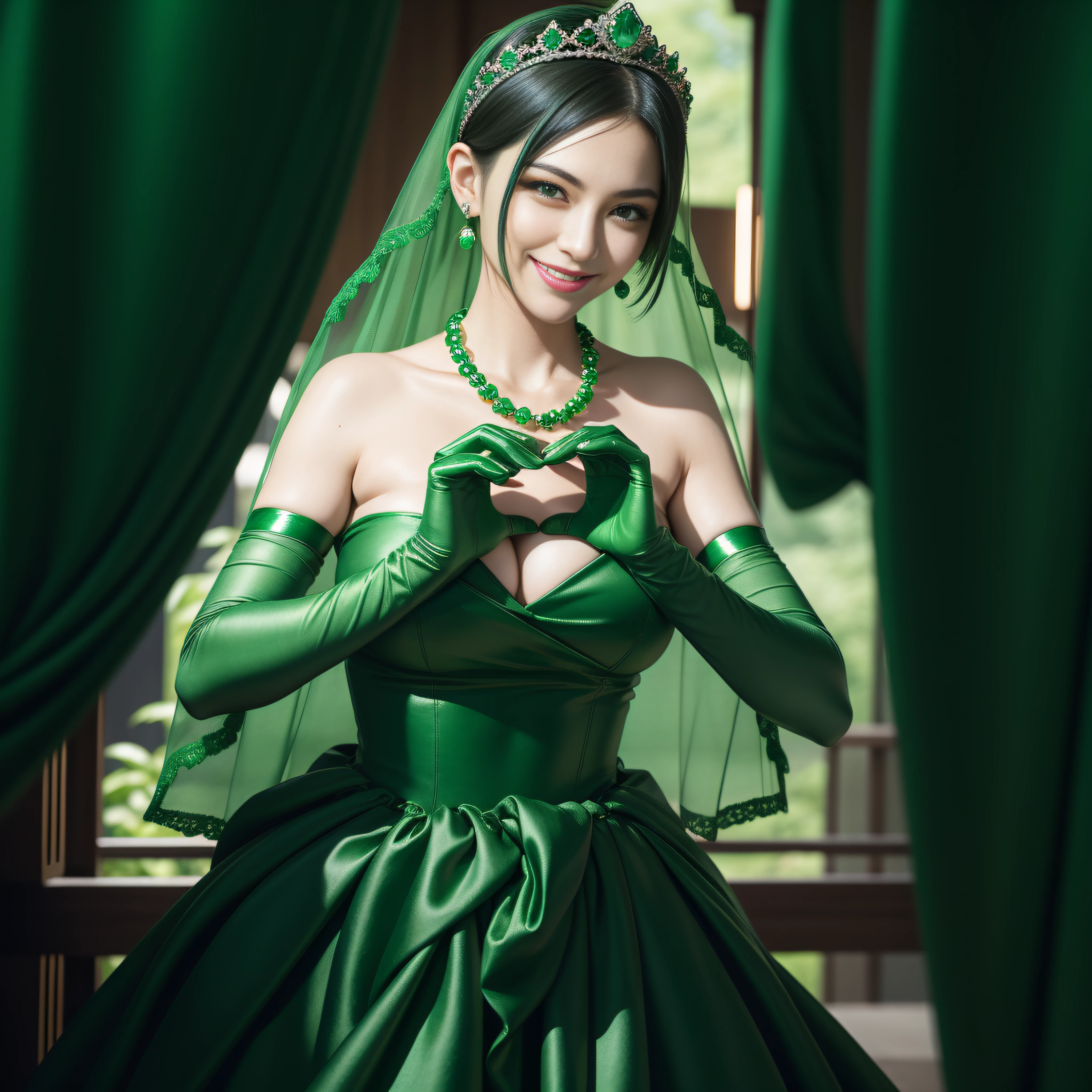 emerald tiara, Green Pearl Necklace, Boyish very short black hair, lipsticks, Japan woman smiling, very short short hair, big breasts beautiful, Green eyes, Long green gloves made of satin material, Green eyes, Emerald Earrings, green vale, Heart with both hands