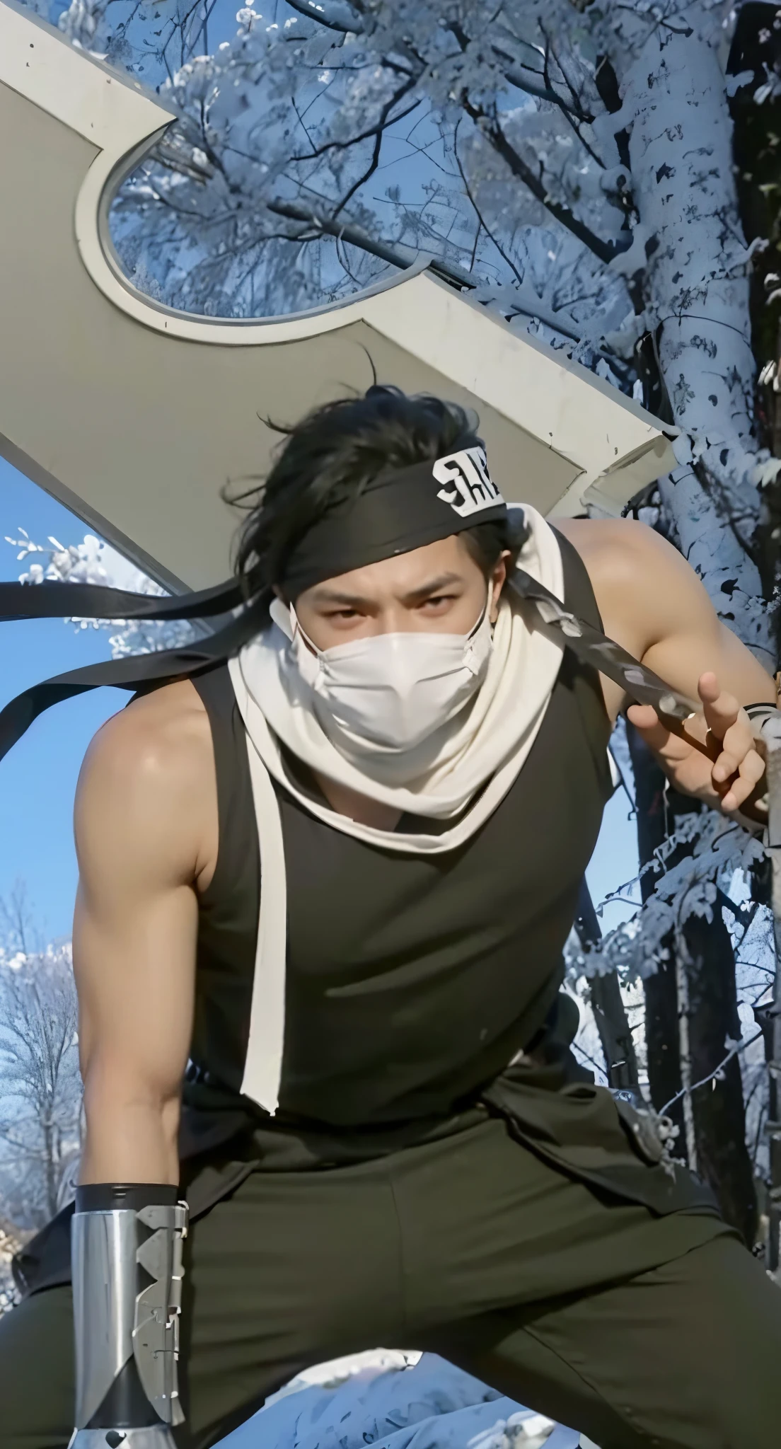 Real life adaption of this character ,1man, villain expression, realistic same spiky hair , (realistic same outfit), realistic background , realistic light, realistic shadow, realism, hyper realistic,(photorealistic:1.2), normal small eyes,there is long cloth covered his mouth and neck, , realistic same ninja headband