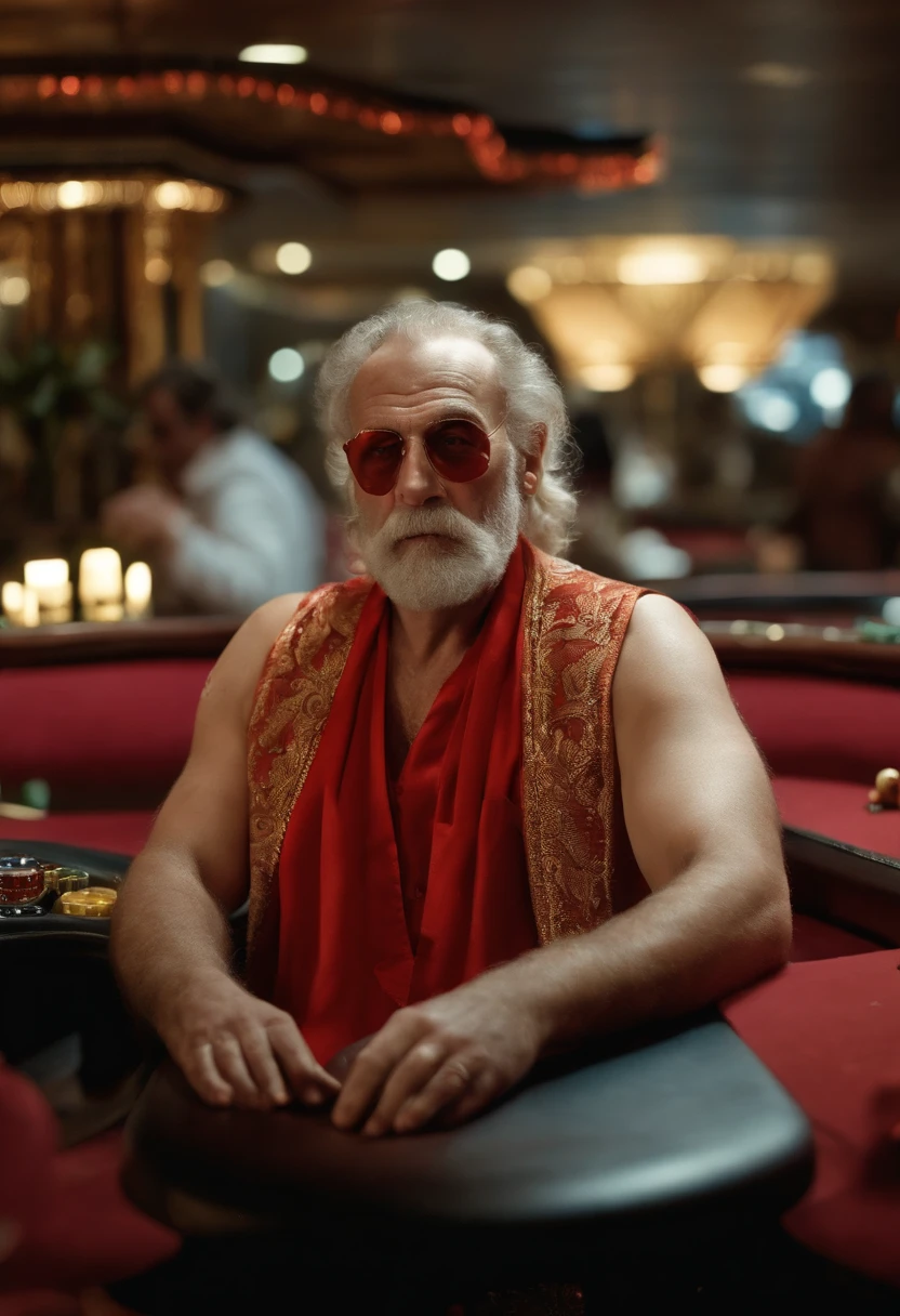 A photo of Bad Santa sitting alone at a blackjack table in a dimly lit casino.,original,His iconic red suit, now disheveled and stained, reflects a life marred by neglect and vice. The once neatly-groomed white beard is unkempt, and his eyes, historically a source of merry twinkle, are bloodshot and weary. The robust and cheerful figure we know is replaced by a more haggard and careworn man, who carries the weight of his struggles visibly.