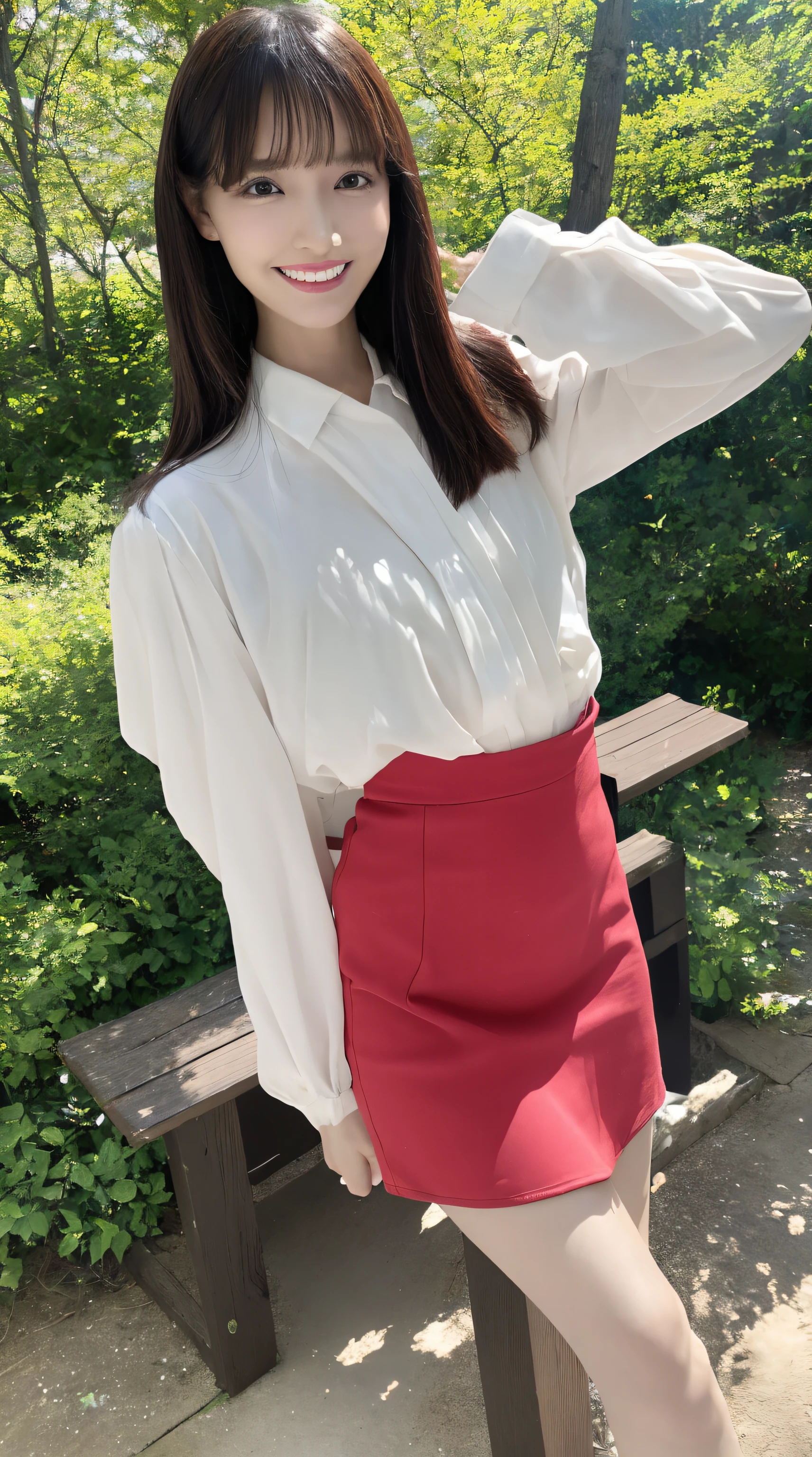 (Best Quality, masutepiece, Ultra HD: 1.3, High brightness, High color saturation), 1girl in, (middlebreasts), light brown hair, Asymmetrical hair, straight haired, Long hair, ( slender body shape, Constricted waist), (Ultra Fine Face), Delicate lips, (beautidful eyes), thin blush, eyes are brown, perfect glossy skin, View here, Smiling smile, ( hide one's hands), (Sitting on a bench), (thin and long legs, Thighs and toes:1.5), See-through white blouse, Tight skirt, (White pumps), (a japanese girl, hposing Gravure Idol), Broad-leaved forest, 135 mm, Fuji Film