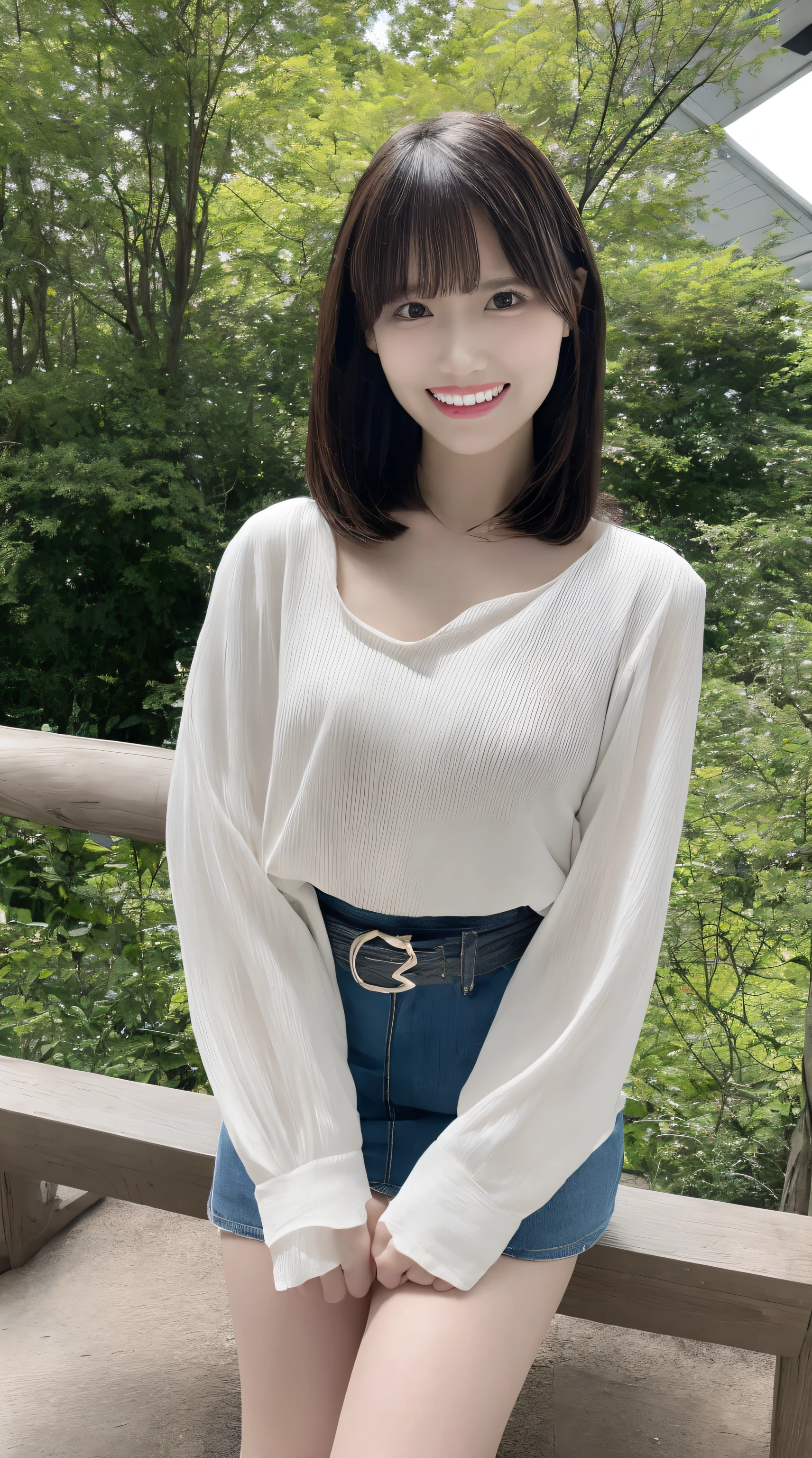 (Best Quality, masutepiece, Ultra HD: 1.3, High brightness, High color saturation), 1girl in, （middlebreasts）, light brown hair, Asymmetrical hair, straight haired, Long hair, （ slender body shape, Constricted waist）, （Ultra Fine Face）, Delicate lips, （beautidful eyes）, thin blush, eyes are brown, perfect glossy skin, View here, Smiling smile, （ hide one's hands）, （Sitting on a bench）, （thin and long legs, Thighs and toes:1.5), See-through white blouse, （Black enamel mini skirt*1.5）, （Black stockings）, (a japanese girl, hposing Gravure Idol), Broad-leaved forest, 135 mm, Fuji Film