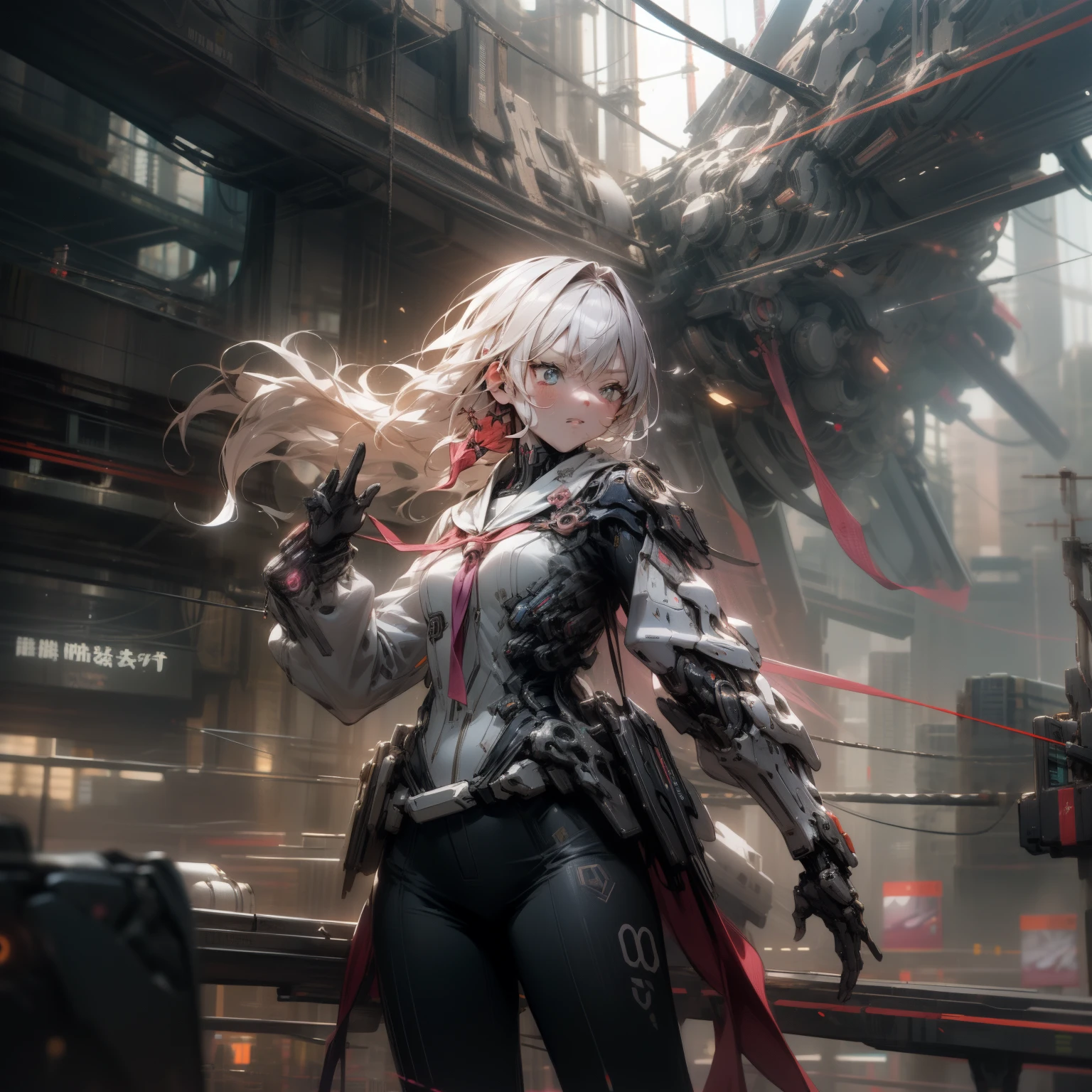 masutepiece, Best Quality, High quality, (Futuristic:1.1), (cyberpunk clothes), Cinematic lighting, (exquisite future), Beautiful and aesthetic, ultra-detailliert, amazing composition, floating, depth of view, (extremely details CG, Unity 8k壁纸), (beautifullydetailedbackground), beautiful hair details, Dramatic Lighting,  
1girl in, mechs,eye glass