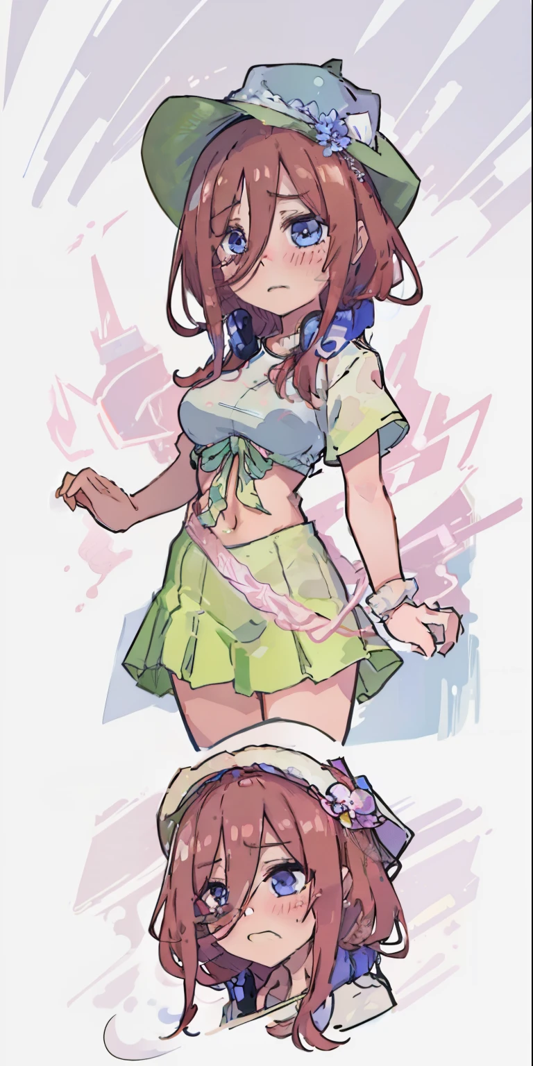 Miku Nakano, shy, blushing, cute, 4k, high quality, highly detailed, miku Nakano, flowing white slong skirt, white top with volant short sleeves, cute hat, flowers as a hairtie, sandals. Perfect face, highly detailed, perfect anatomy
