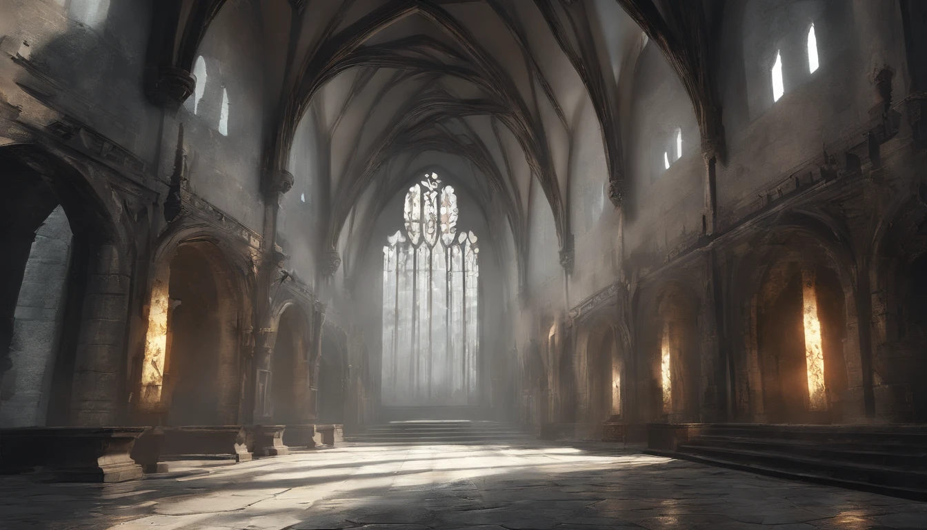 (best quality,4k,highres,masterpiece:1.2),ultra-detailed,medieval castle hallways on a cloudy day with stone walls and tall windows and cool sunlight shining through the windows, a cold and bleak atmosphere